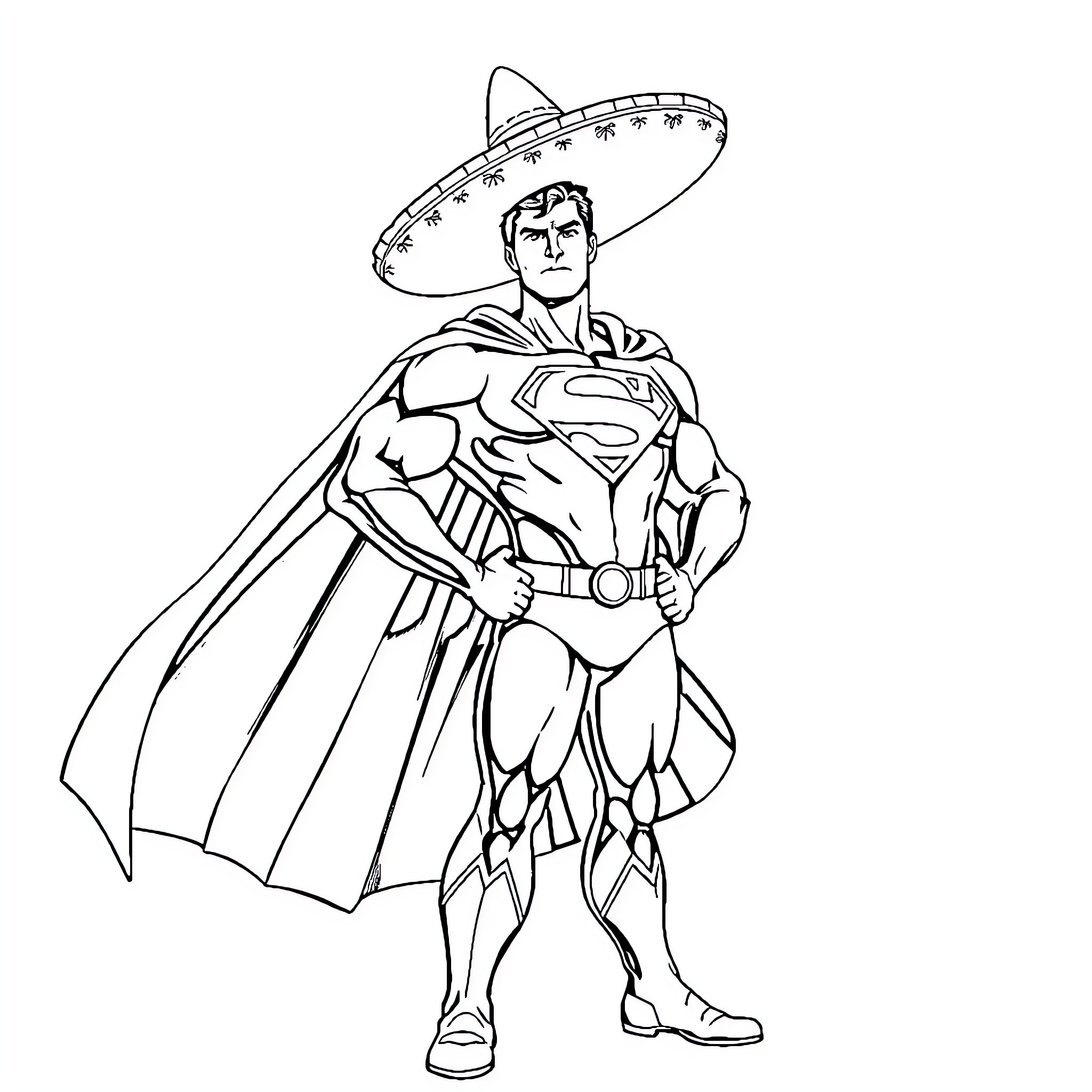 Superman wearing a sombrero on heroic pose Coloring Page (free black-and-white line drawing printable PDF for all, from beginners to advanced learners, including children, teens, adults, and seniors)