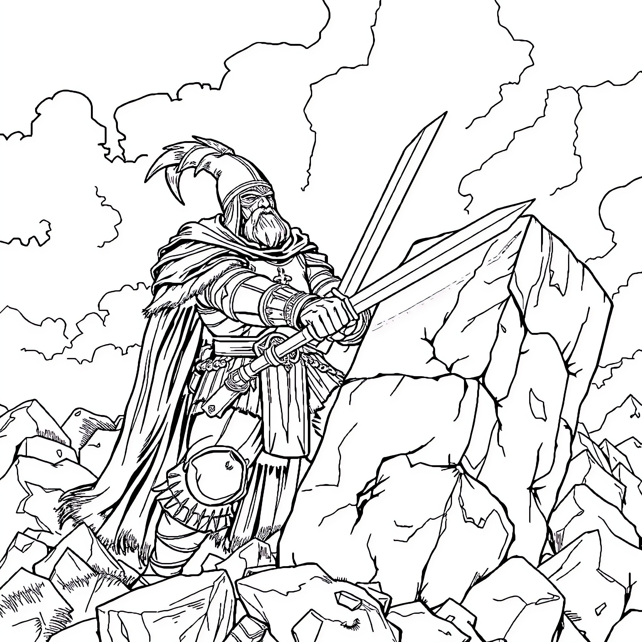 Warden Warrior Stands Vigilant in Rocky Landscape Coloring Page (free black-and-white line drawing printable PDF for all, from beginners to advanced learners, including children, teens, adults, and seniors)