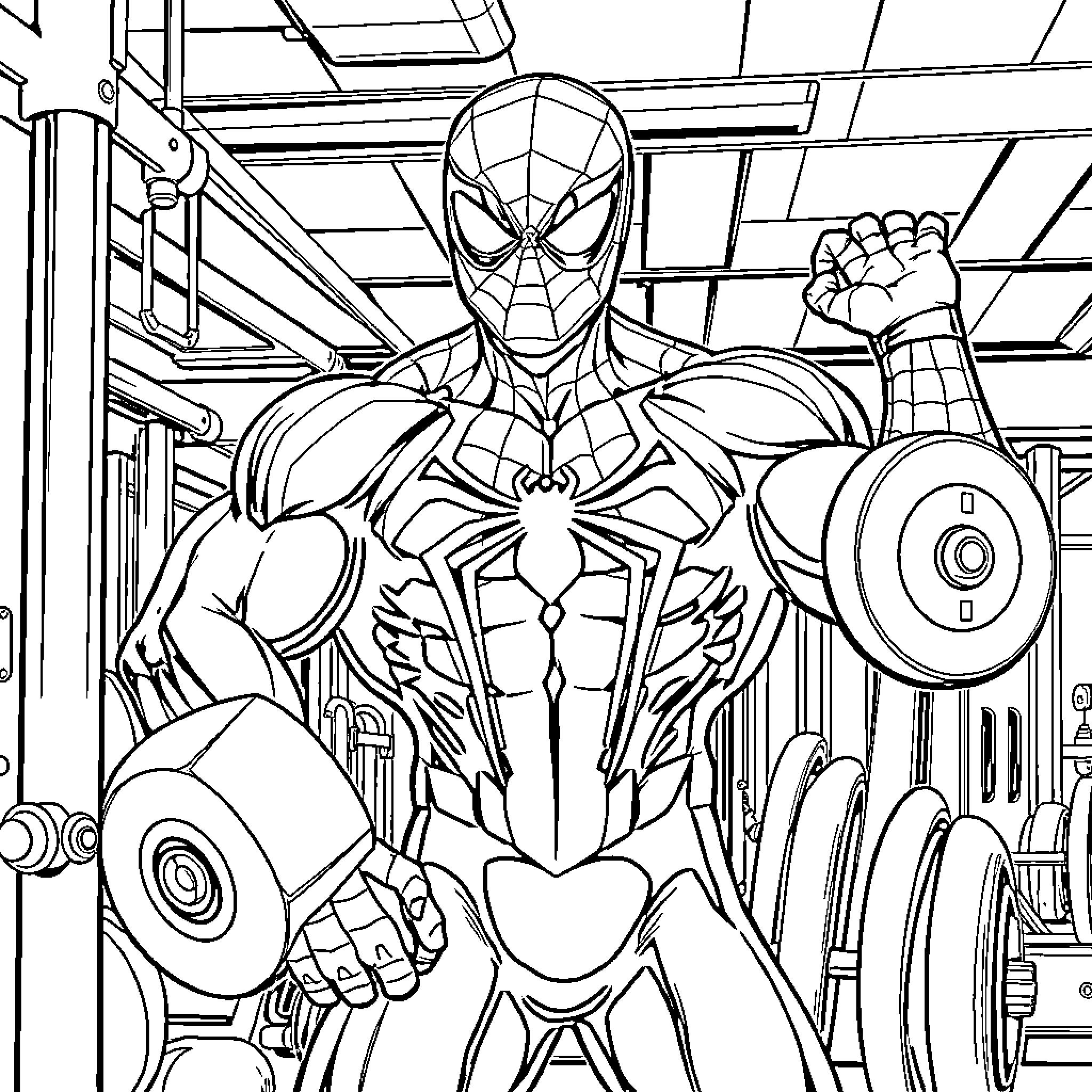 Spiderman posing powerfully while holding heavy dumbbells Coloring Page (free black-and-white line drawing printable PDF for all, from beginners to advanced learners, including children, teens, adults, and seniors)