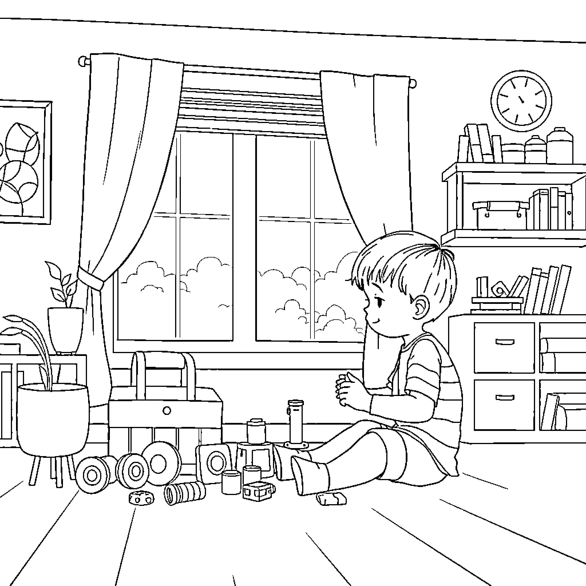 Autism: Boy Playing Happily with Toys in His Room Coloring Page (free black-and-white line drawing printable PDF for all, from beginners to advanced learners, including children, teens, adults, and seniors)