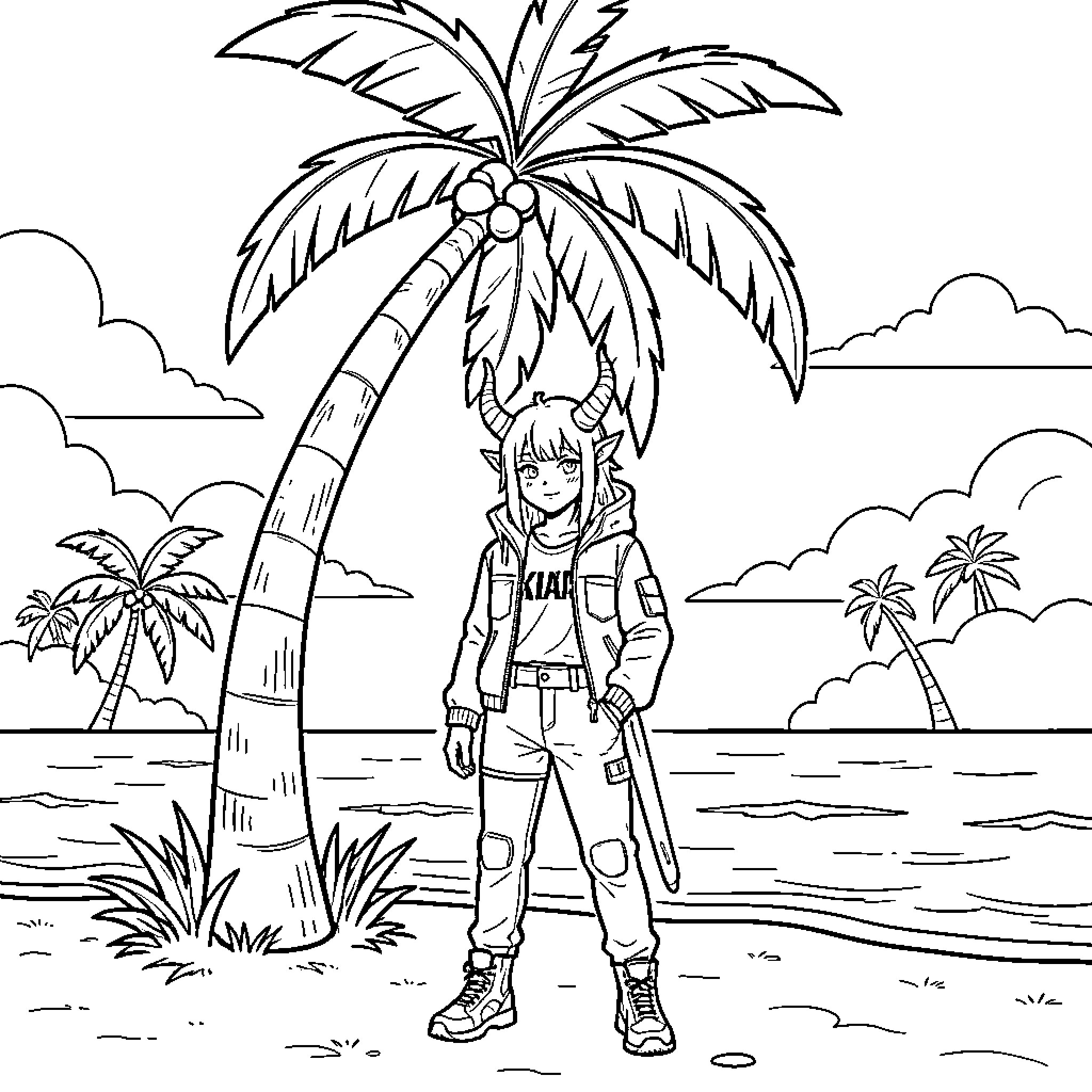Kpop Demon standing confidently under a tropical palm tree Coloring Page (free black-and-white line drawing printable PDF for all, from beginners to advanced learners, including children, teens, adults, and seniors)