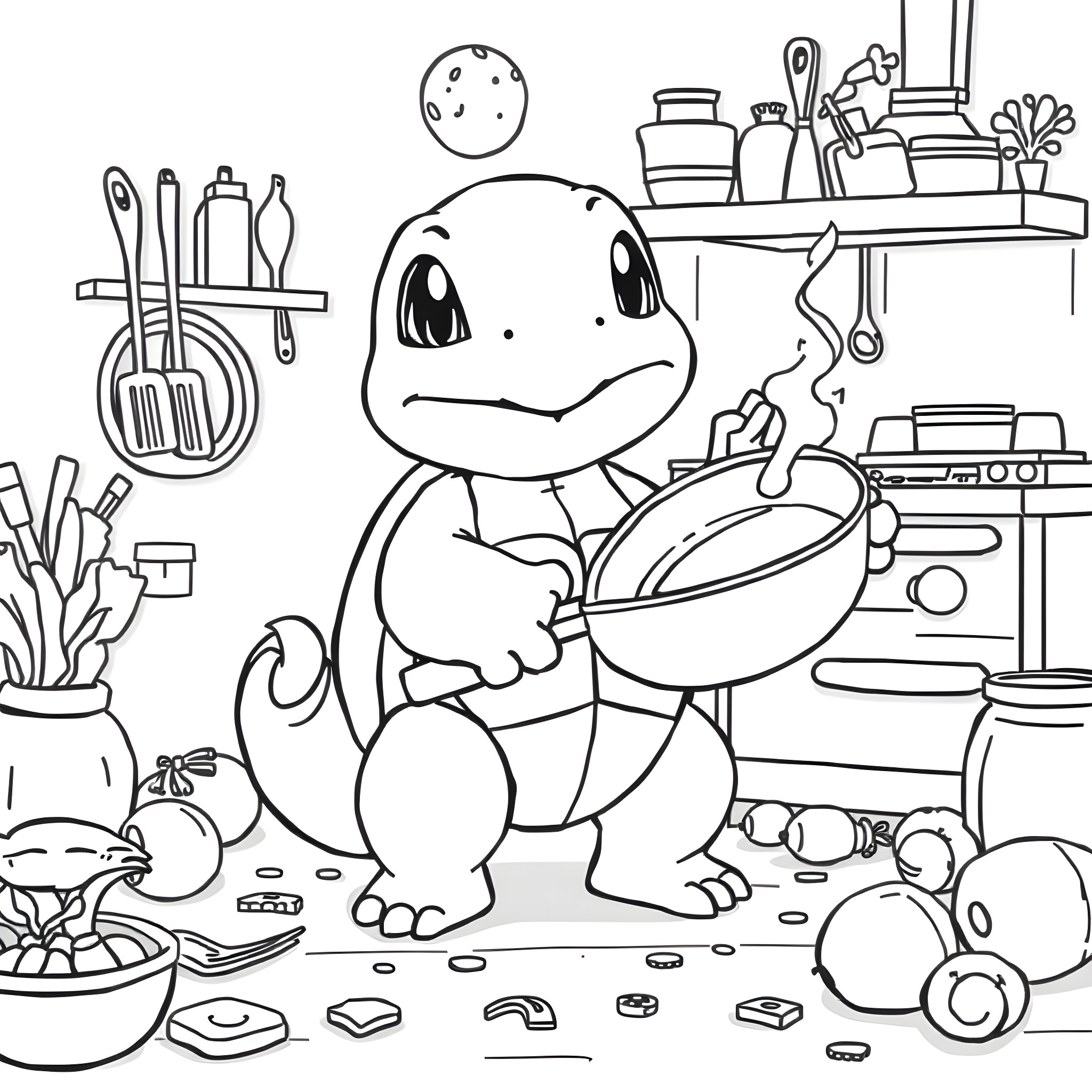 Squirtle in the Kitchen with Cooking Utensils Coloring Page (free black-and-white line drawing printable PDF for all, from beginners to advanced learners, including children, teens, adults, and seniors)