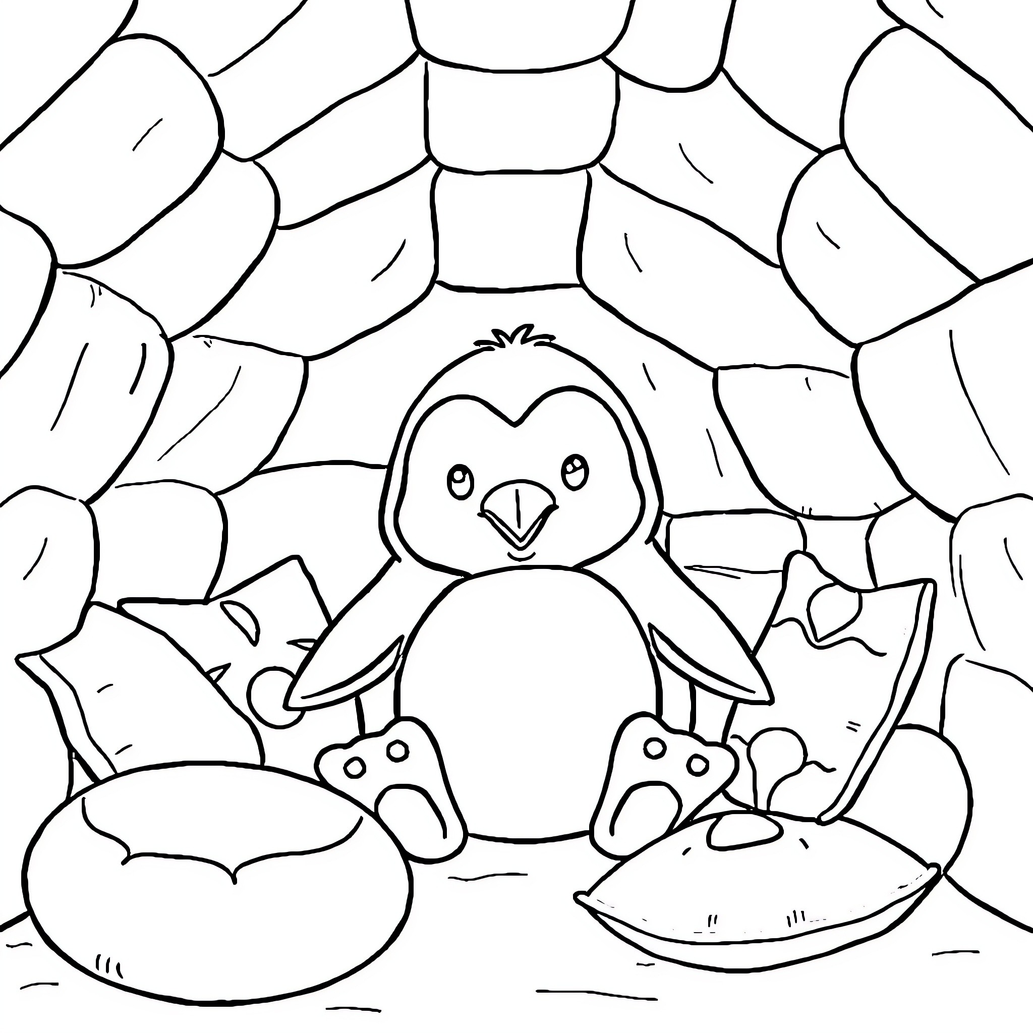 Penguin enjoying snowy day in cozy cave Coloring Page (free black-and-white line drawing printable PDF for all, from beginners to advanced learners, including children, teens, adults, and seniors)