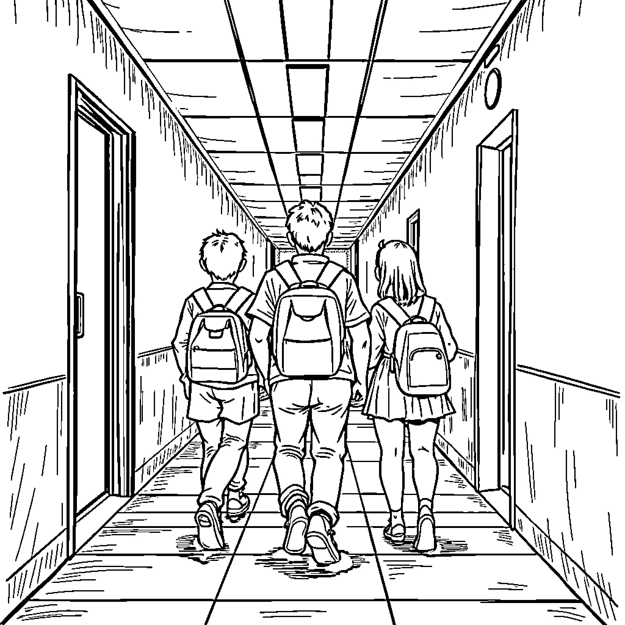 Schoolboys and girls walking down a school hallway Coloring Page (free black-and-white line drawing printable PDF for all, from beginners to advanced learners, including children, teens, adults, and seniors)