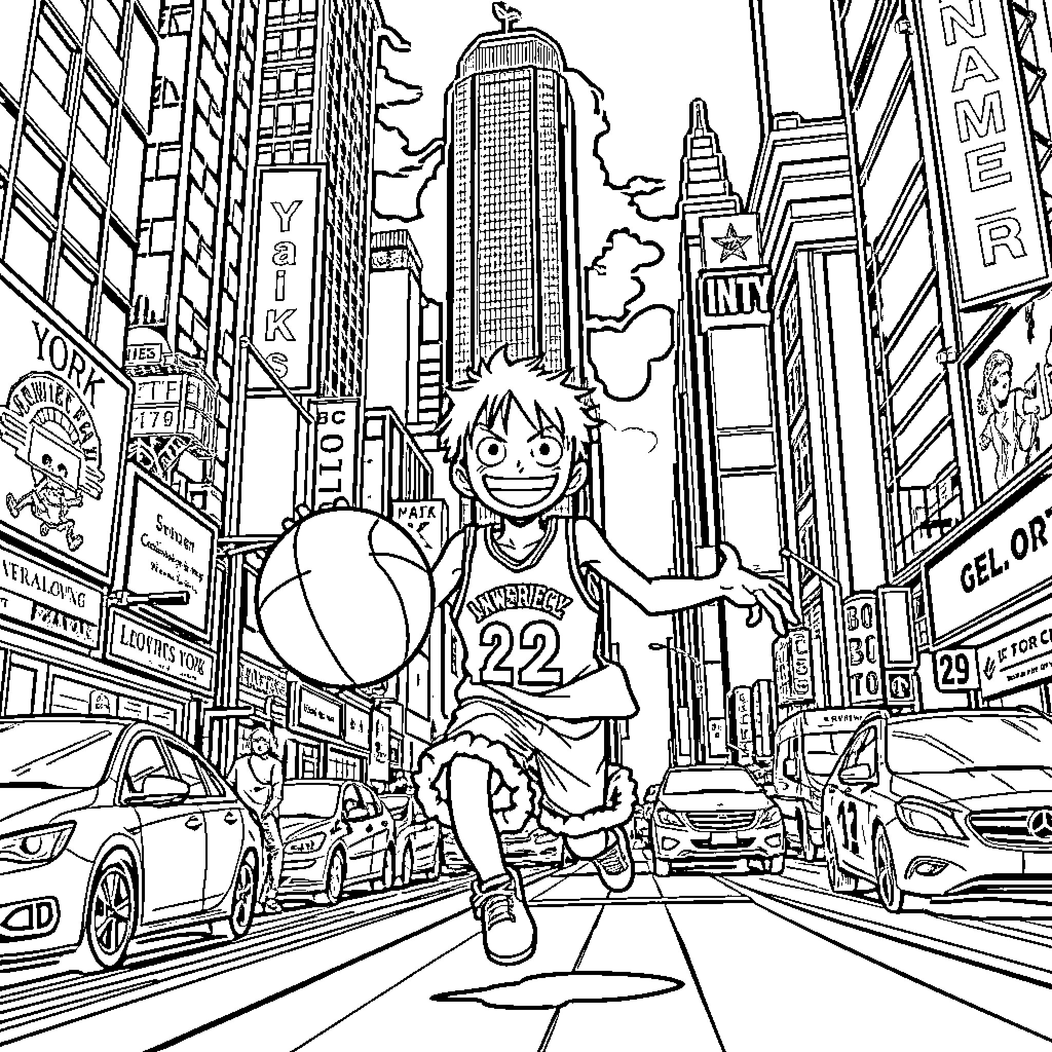 Luffy exploring the bustling city streets Coloring Page (free black-and-white line drawing printable PDF for all, from beginners to advanced learners, including children, teens, adults, and seniors)