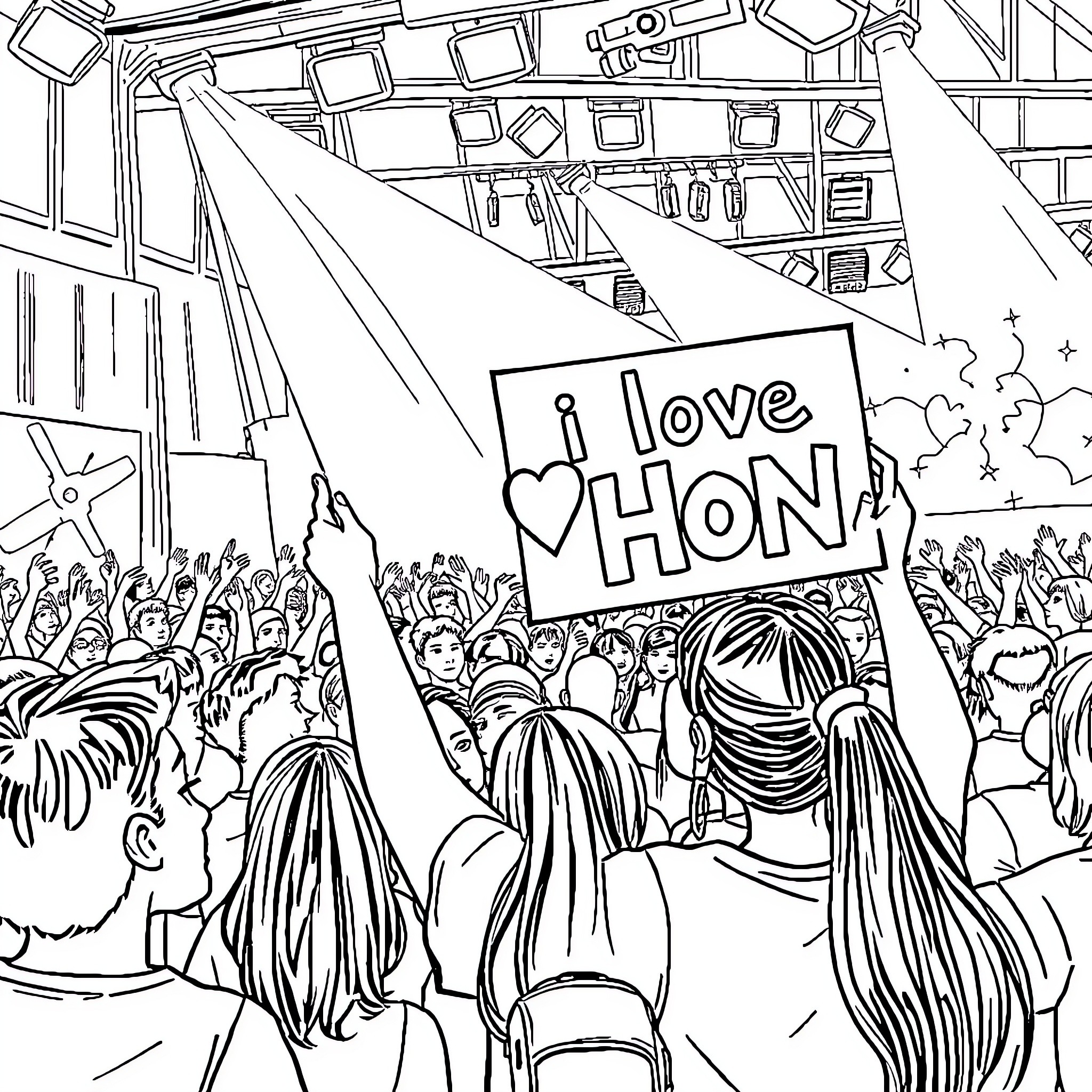 Stray Kids Concert with Crowd Cheering and Banners Coloring Page (free black-and-white line drawing printable PDF for all, from beginners to advanced learners, including children, teens, adults, and seniors)