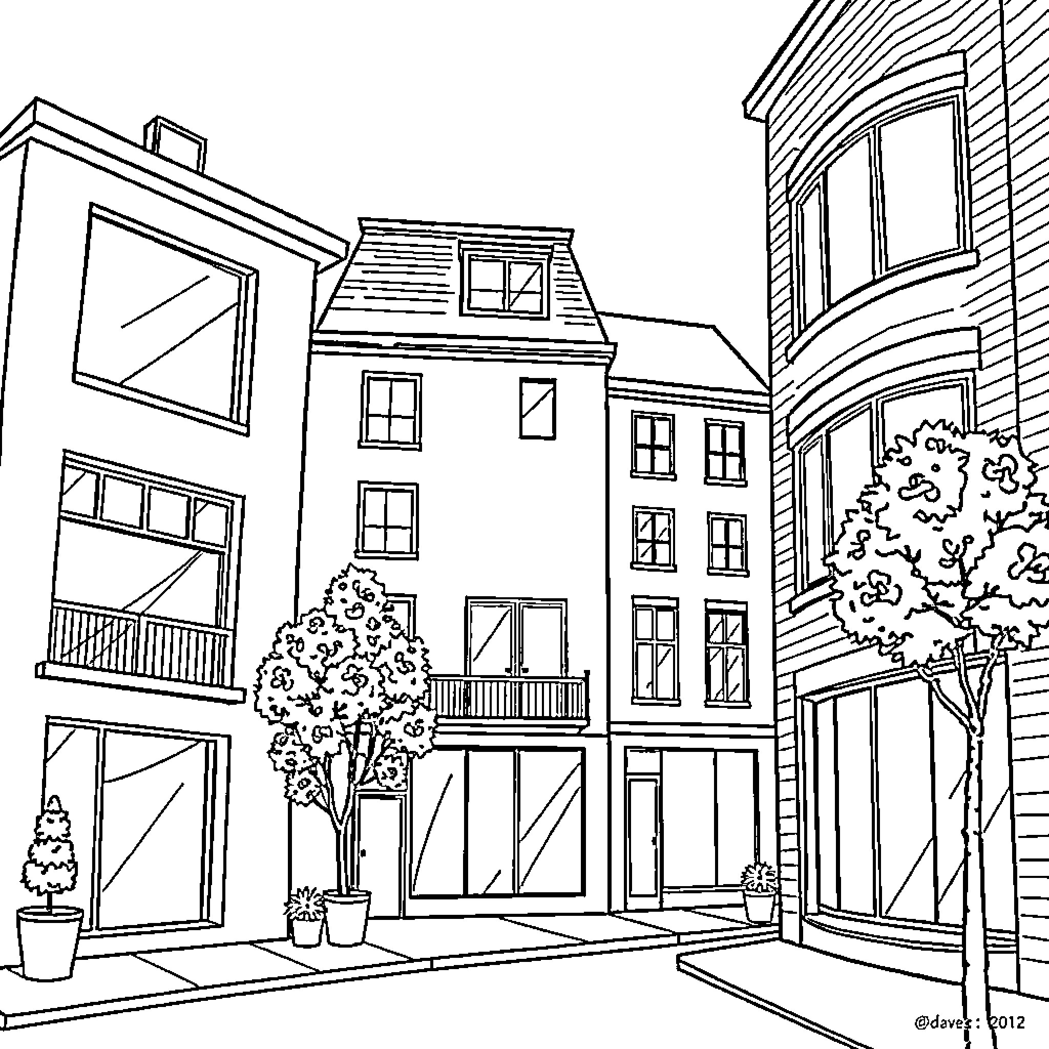 Building with architectural details and surrounding structures Coloring Page (free black-and-white line drawing printable PDF for all, from beginners to advanced learners, including children, teens, adults, and seniors)