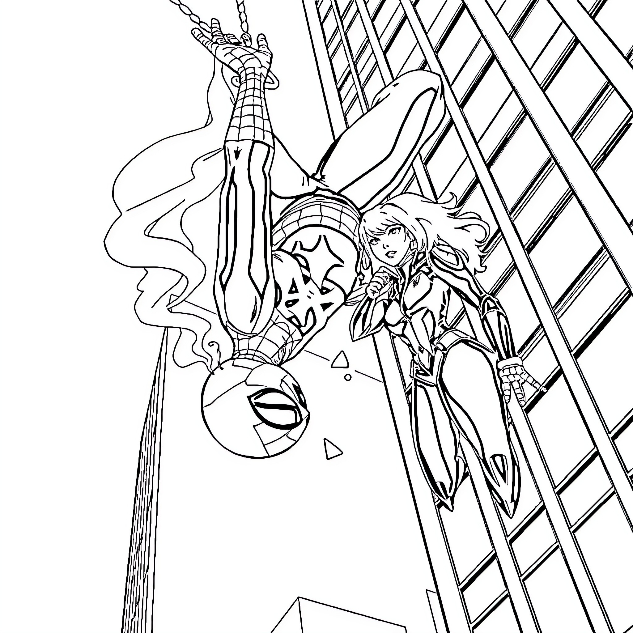 Spiderman swinging and battling a villain in the city Coloring Page (free black-and-white line drawing printable PDF for all, from beginners to advanced learners, including children, teens, adults, and seniors)