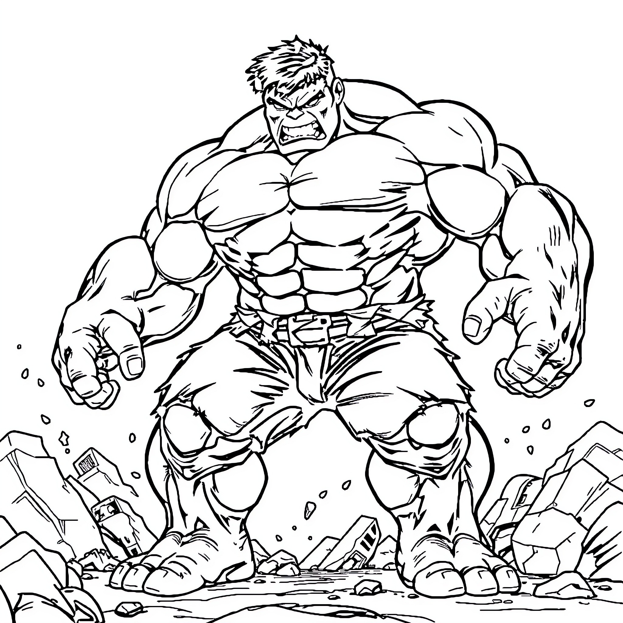 Hulk smashing through the ground with immense strength Coloring Page (free black-and-white line drawing printable PDF for all, from beginners to advanced learners, including children, teens, adults, and seniors)