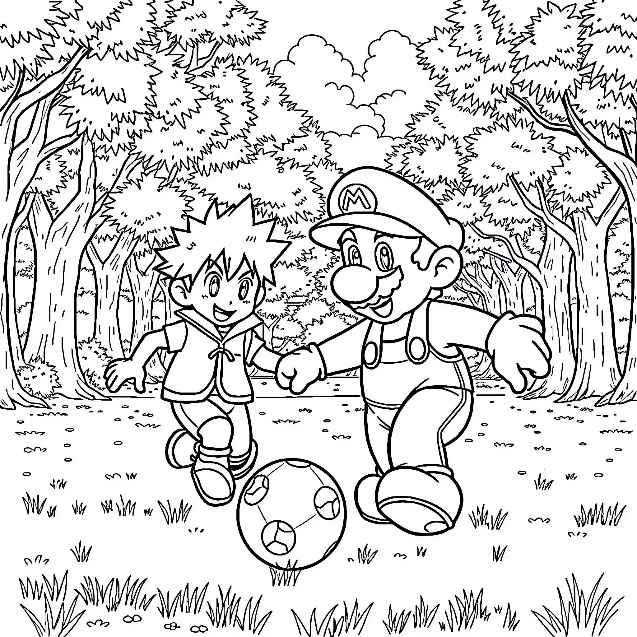Mario and Luigi exploring the forest Coloring Page (free black-and-white line drawing printable PDF for all, from beginners to advanced learners, including children, teens, adults, and seniors)