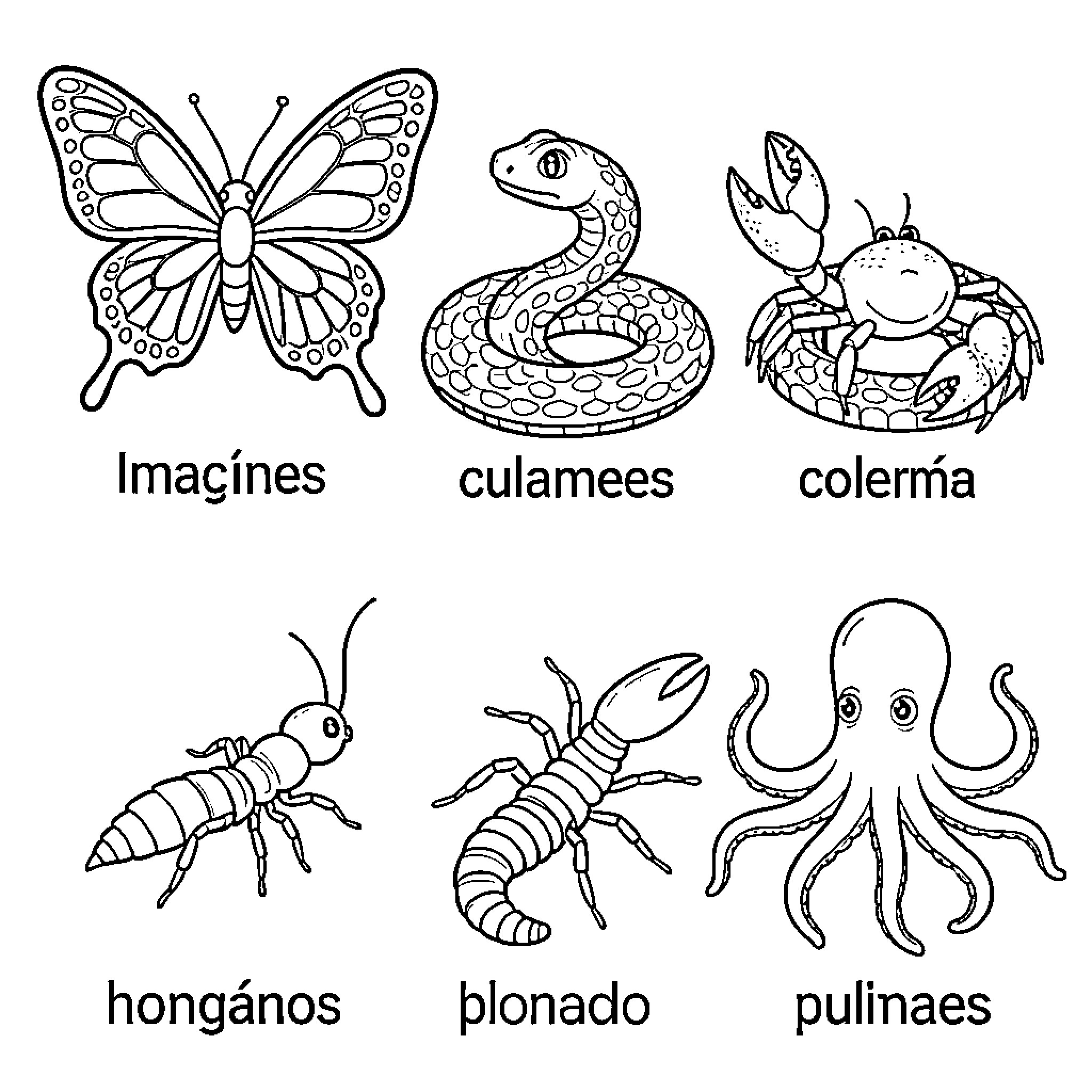 Invertebrados posing together in various simple line art scenes Coloring Page (free black-and-white line drawing printable PDF for all, from beginners to advanced learners, including children, teens, adults, and seniors)