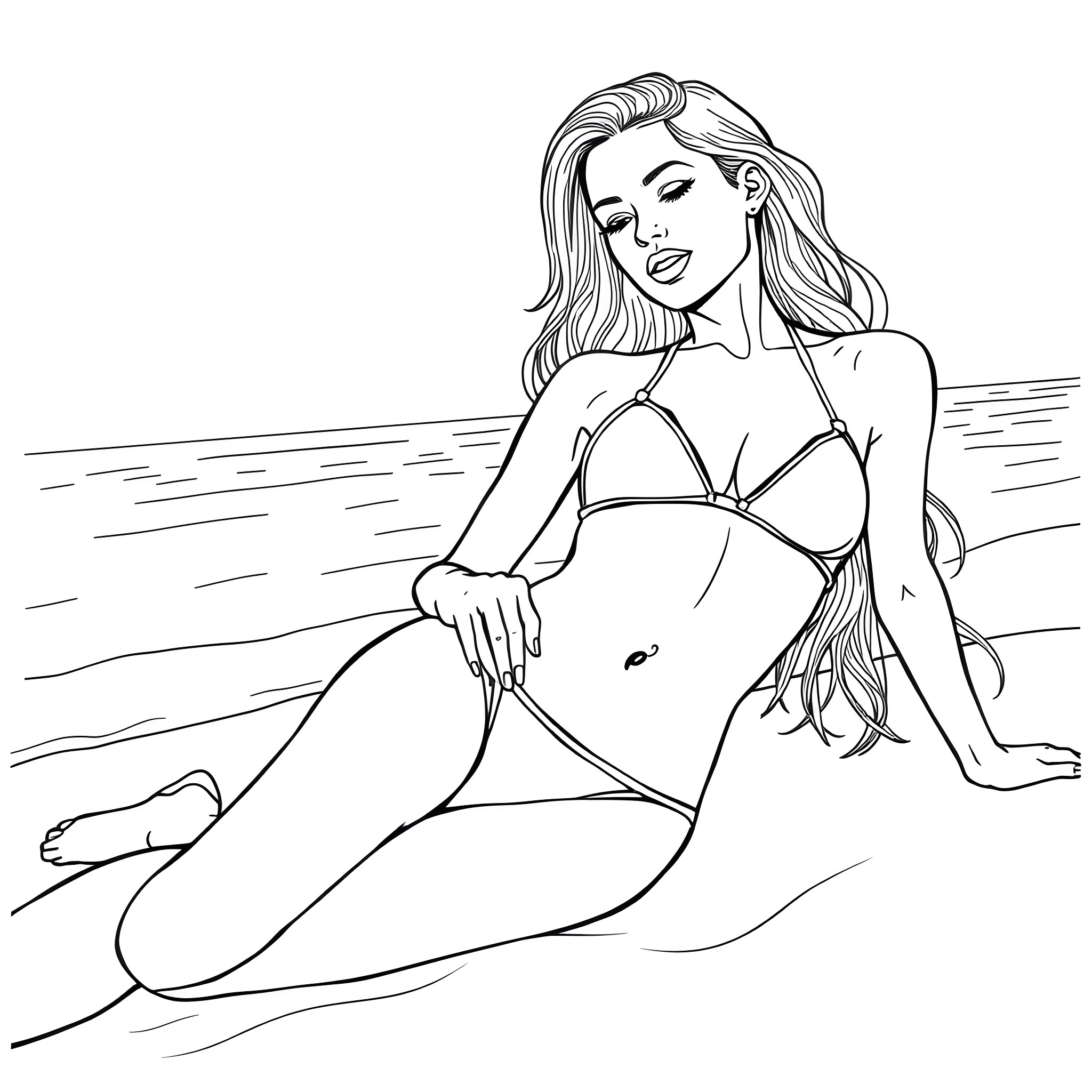 Woman relaxing on the beach in a bikini Coloring Page (free black-and-white line drawing printable PDF for all, from beginners to advanced learners, including children, teens, adults, and seniors)