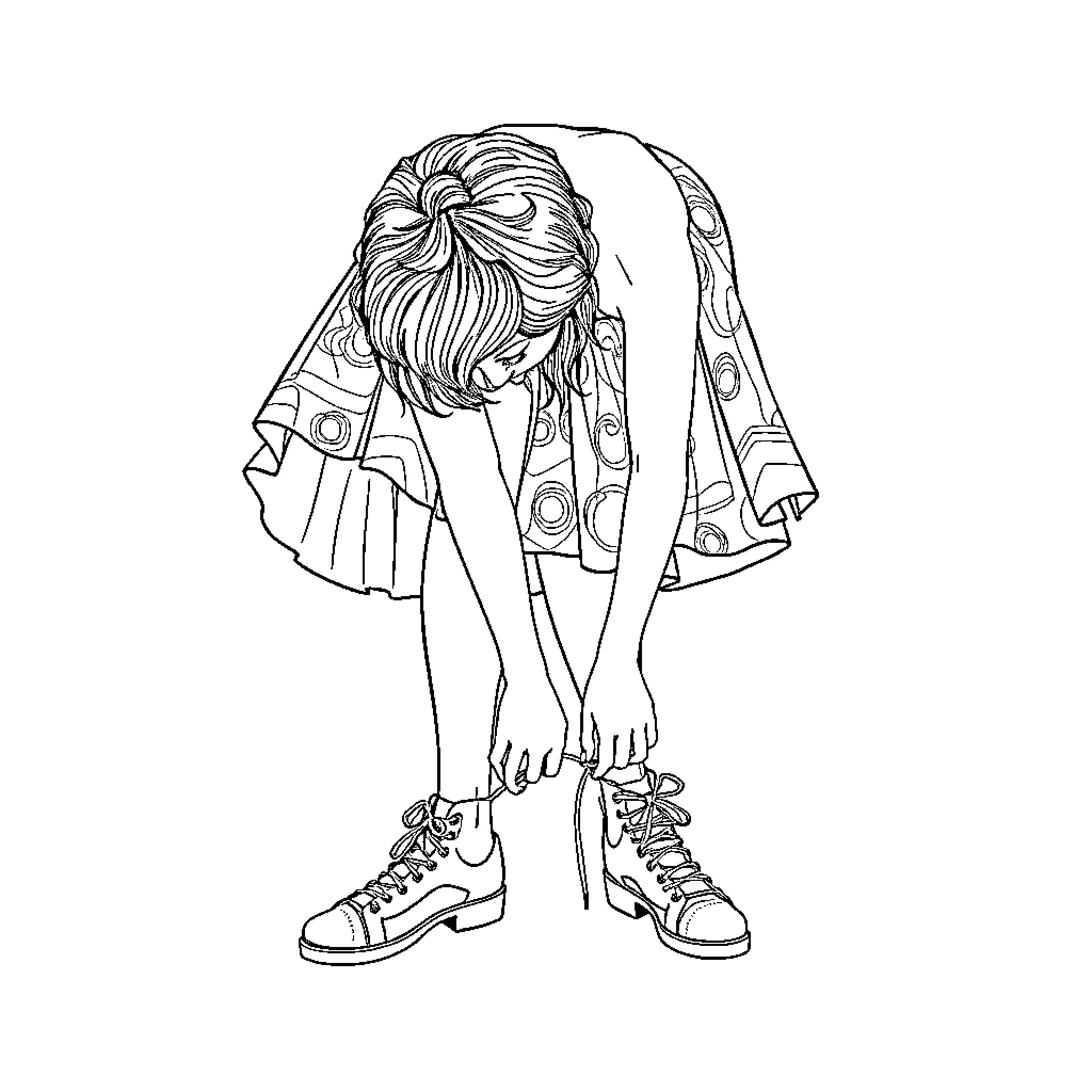 Lady in casual attire posing intently Coloring Page (free black-and-white line drawing printable PDF for all, from beginners to advanced learners, including children, teens, adults, and seniors)