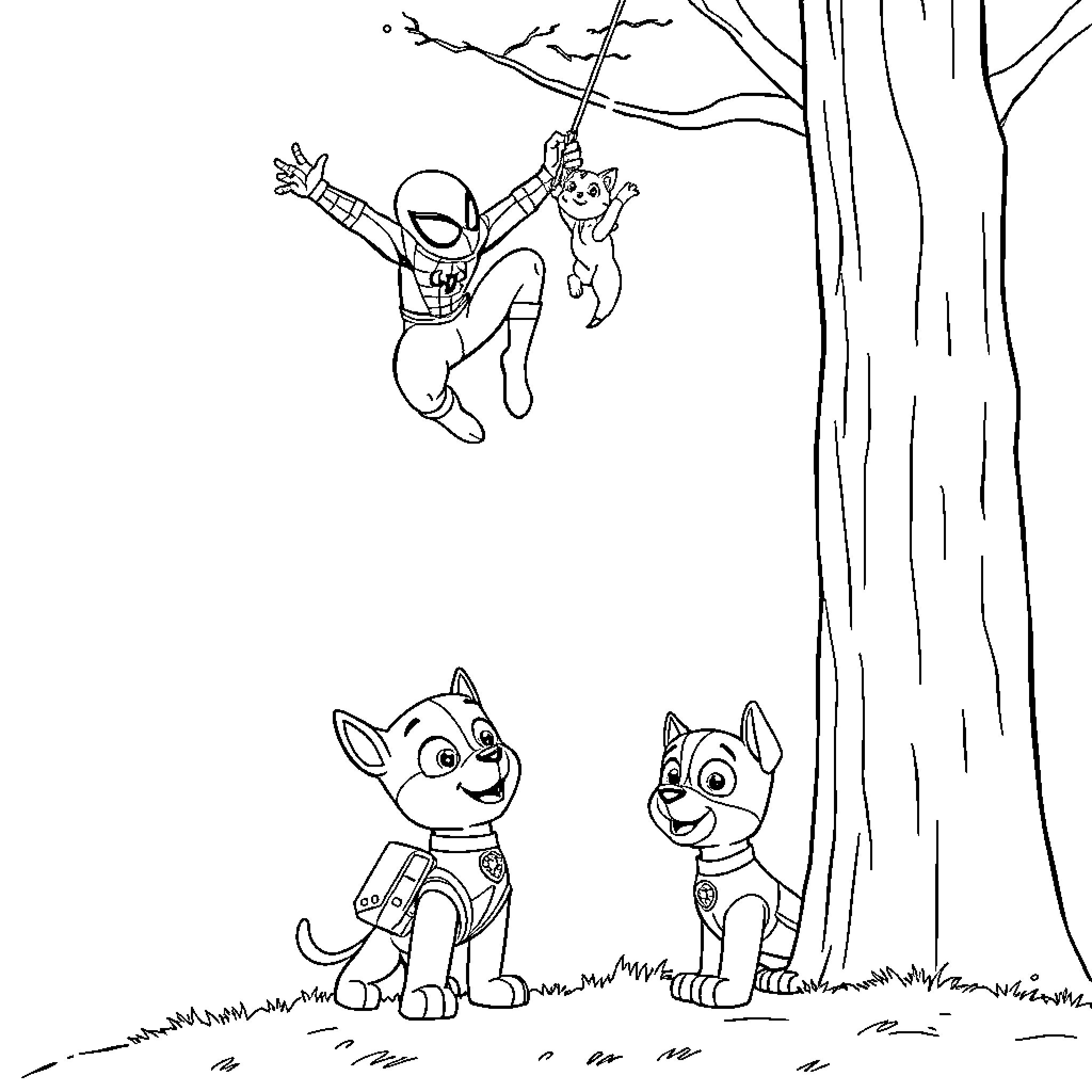 Spiderman swinging through the forest with animal friends Coloring Page (free black-and-white line drawing printable PDF for all, from beginners to advanced learners, including children, teens, adults, and seniors)