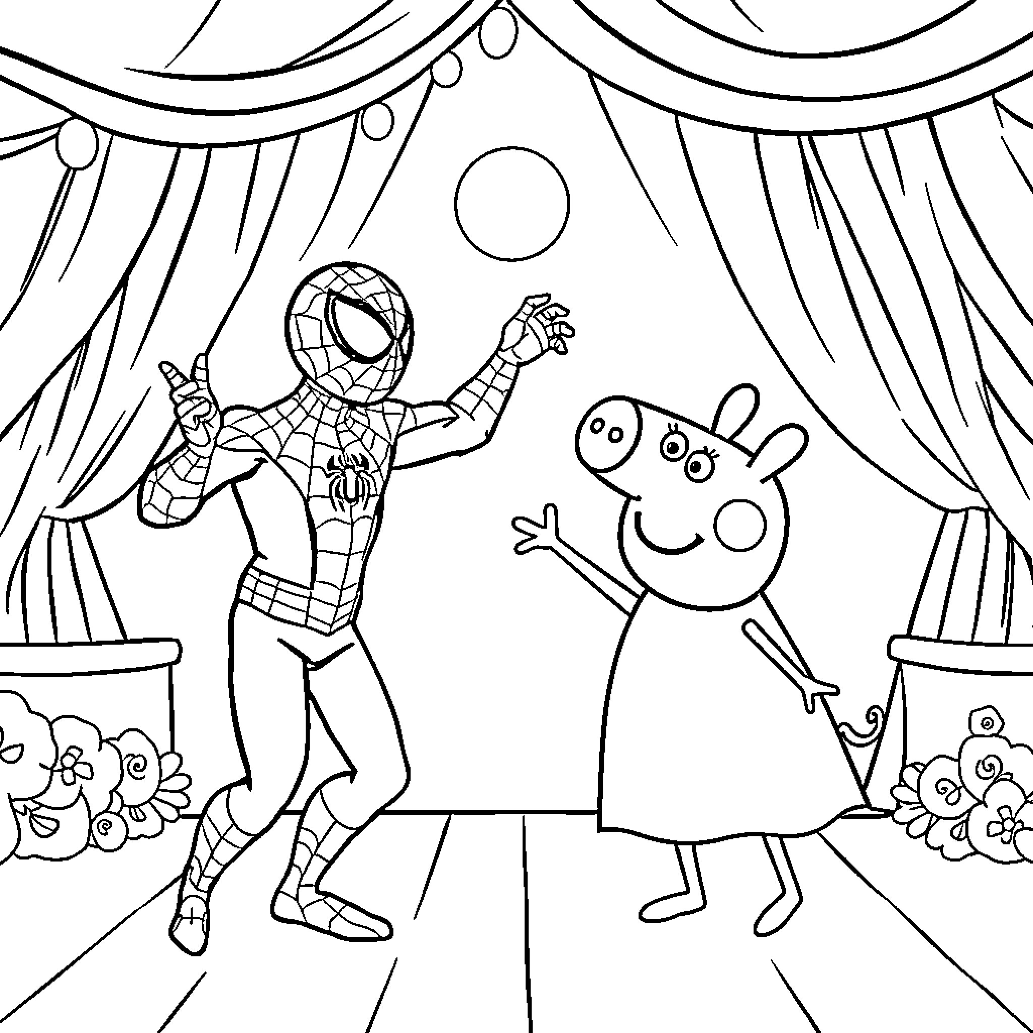 Spiderman and Peppa Pig on stage Coloring Page (free black-and-white line drawing printable PDF for all, from beginners to advanced learners, including children, teens, adults, and seniors)