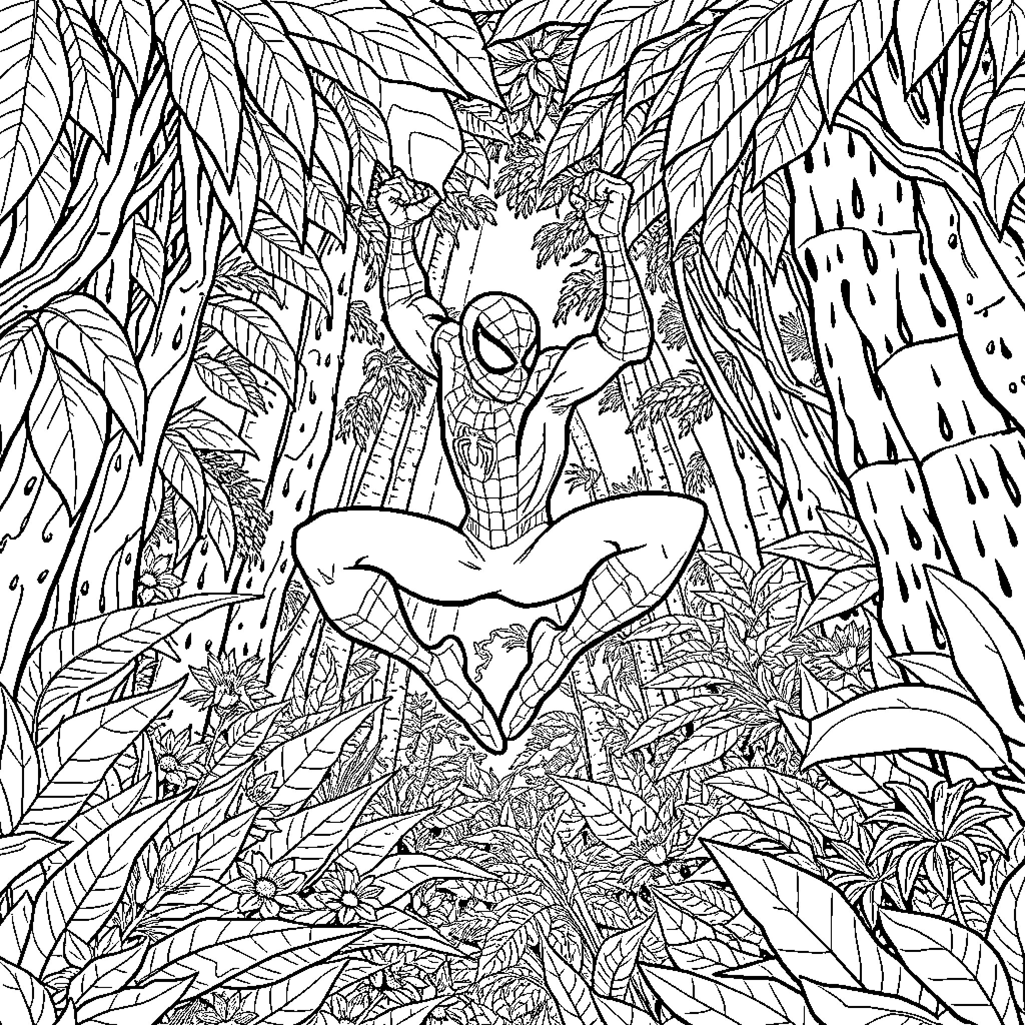 Spiderman swinging through the jungle Coloring Page (free black-and-white line drawing printable PDF for all, from beginners to advanced learners, including children, teens, adults, and seniors)