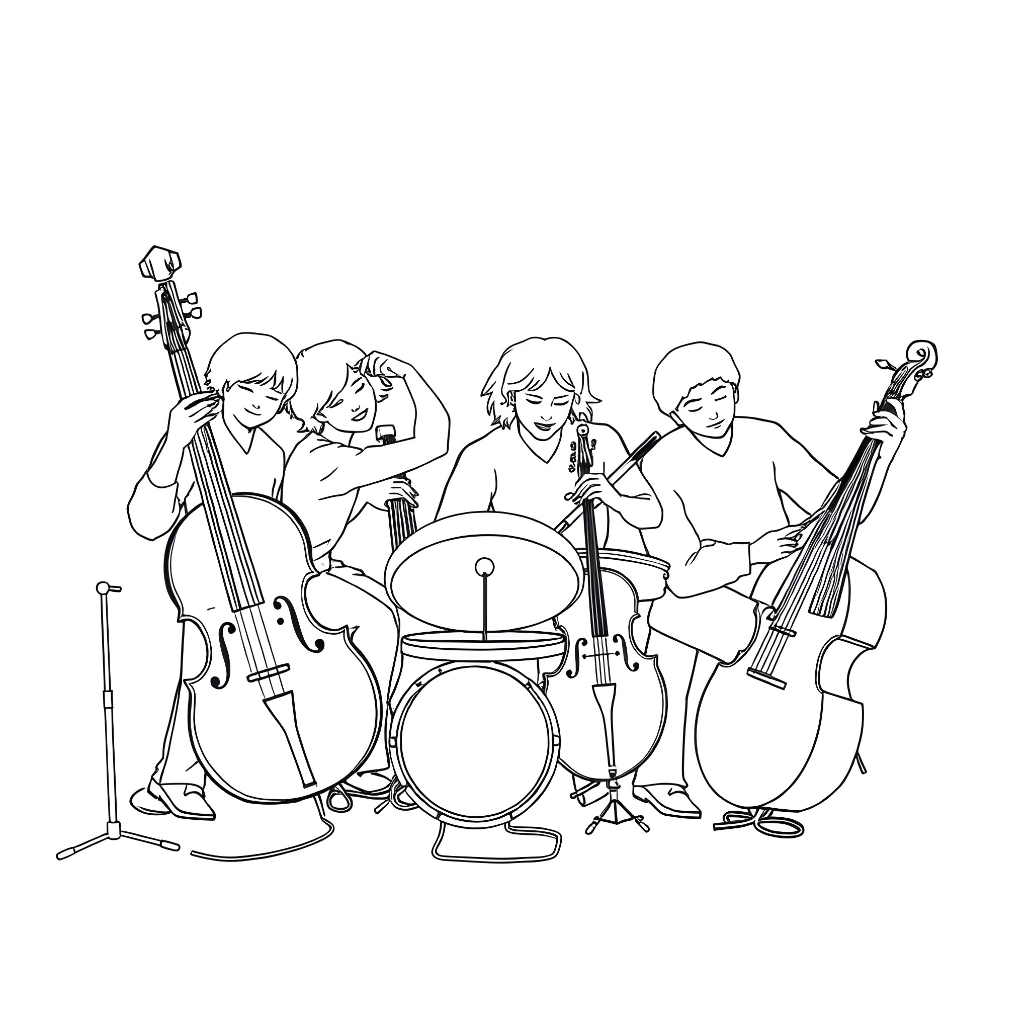 Musical Instrument Band Members Playing Together Coloring Page (free black-and-white line drawing printable PDF for all, from beginners to advanced learners, including children, teens, adults, and seniors)