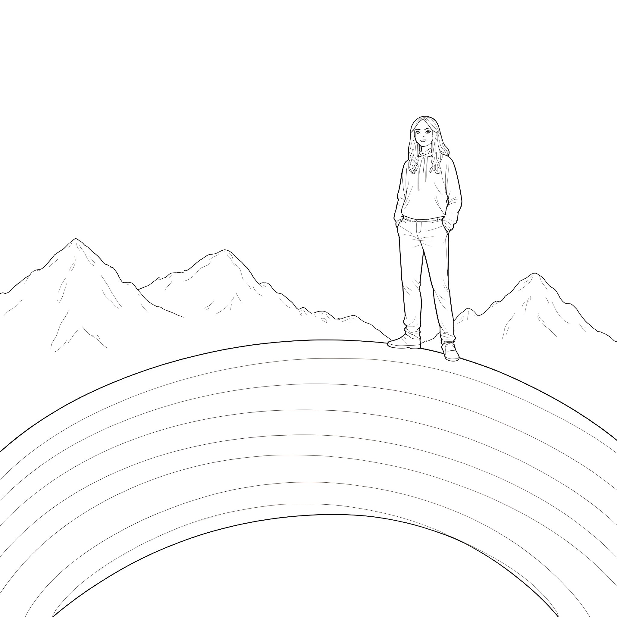 Lady standing on a mountain overlooking a rainbow landscape Coloring Page (free black-and-white line drawing printable PDF for all, from beginners to advanced learners, including children, teens, adults, and seniors)