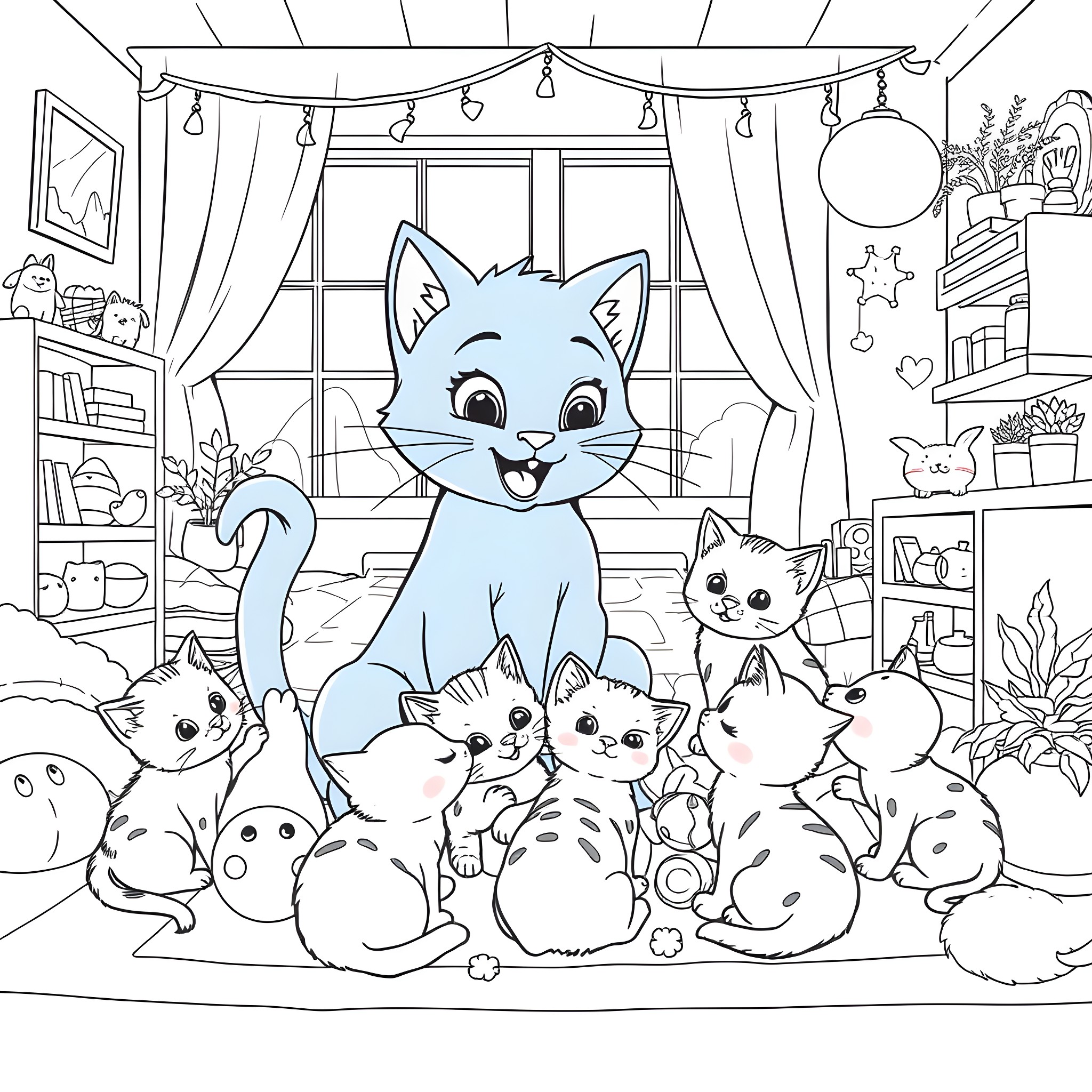 Bluey and her kitten friends in cozy home Coloring Page (free black-and-white line drawing printable PDF for all, from beginners to advanced learners, including children, teens, adults, and seniors)