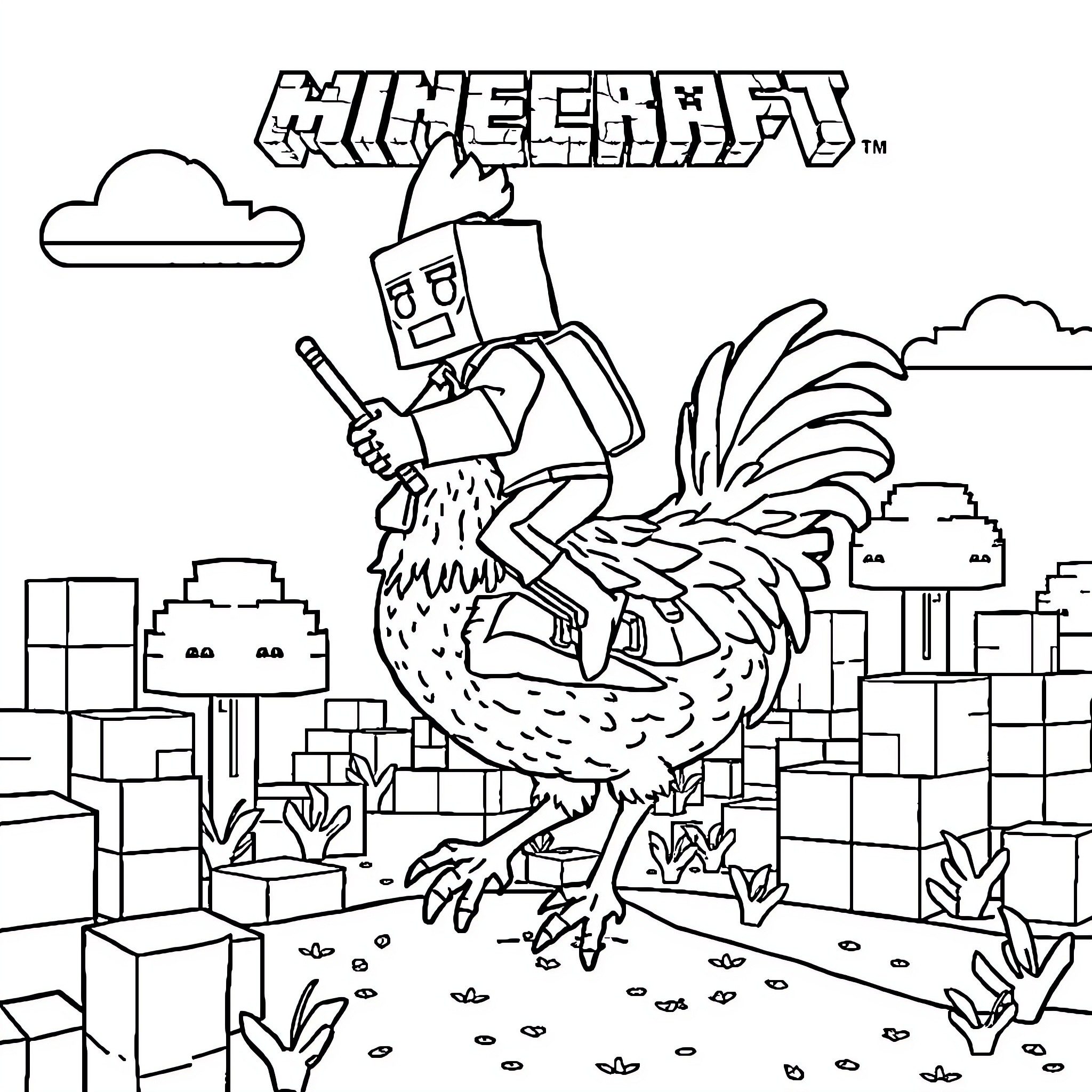 Chicken exploring the Minecraft world Coloring Page (free black-and-white line drawing printable PDF for all, from beginners to advanced learners, including children, teens, adults, and seniors)