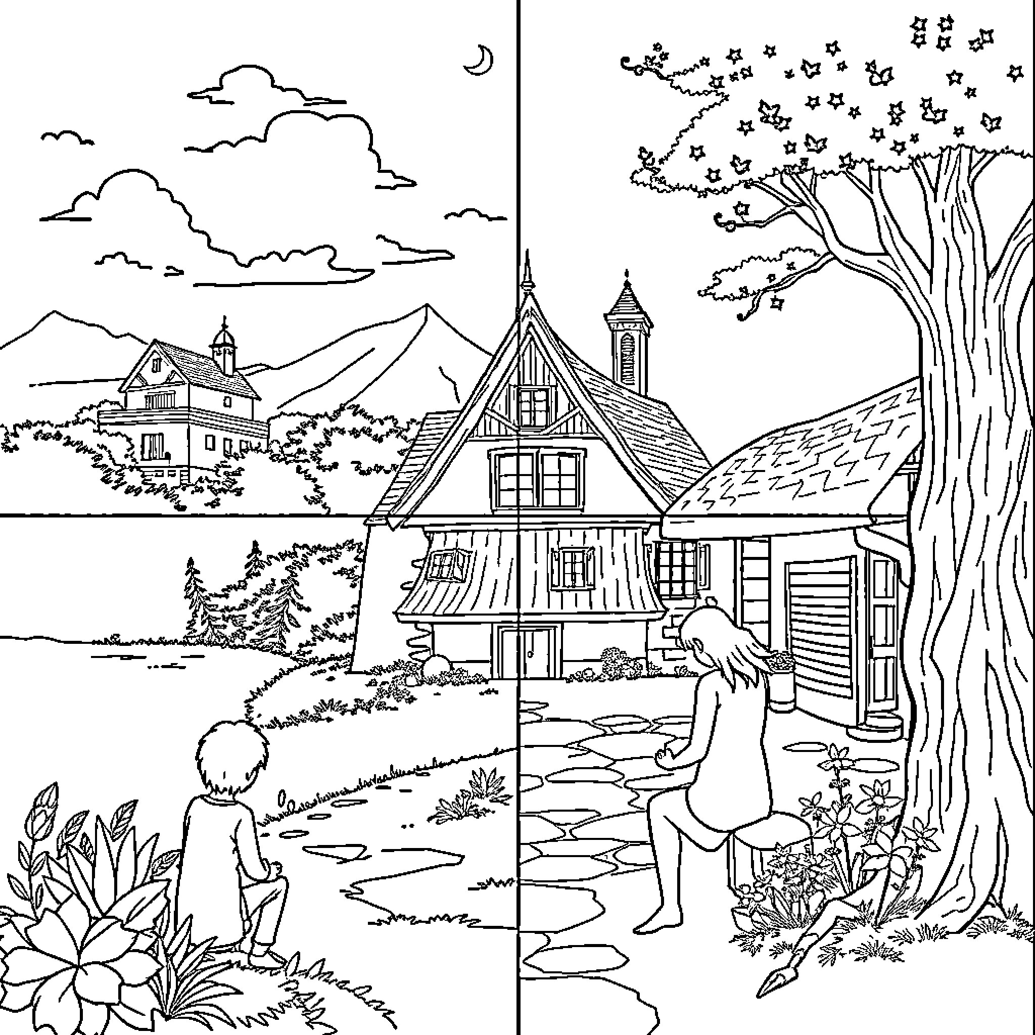 Drawing of a cozy cottage in a serene landscape Coloring Page (free black-and-white line drawing printable PDF for all, from beginners to advanced learners, including children, teens, adults, and seniors)