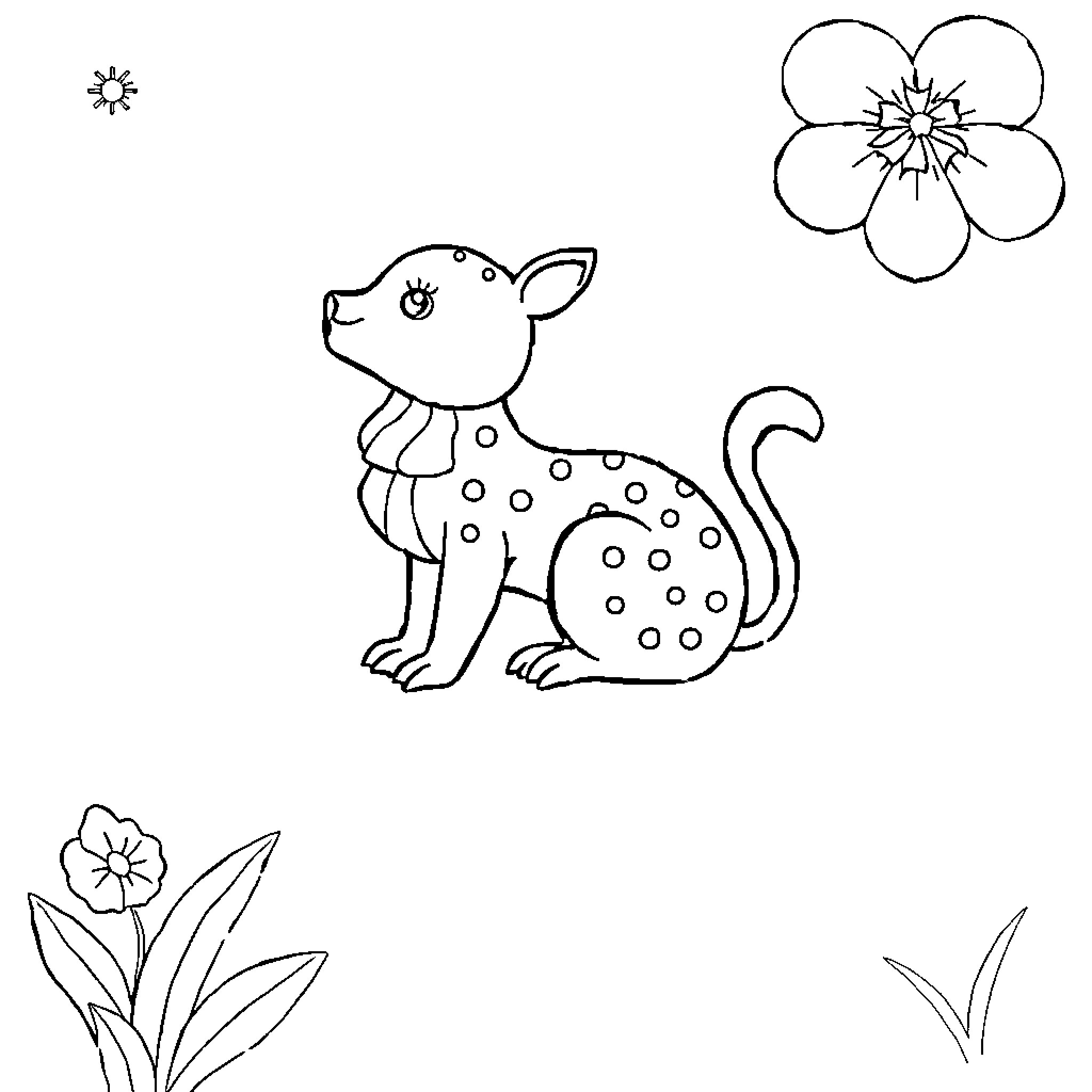 Animal with spots exploring nature Coloring Page (free black-and-white line drawing printable PDF for all, from beginners to advanced learners, including children, teens, adults, and seniors)