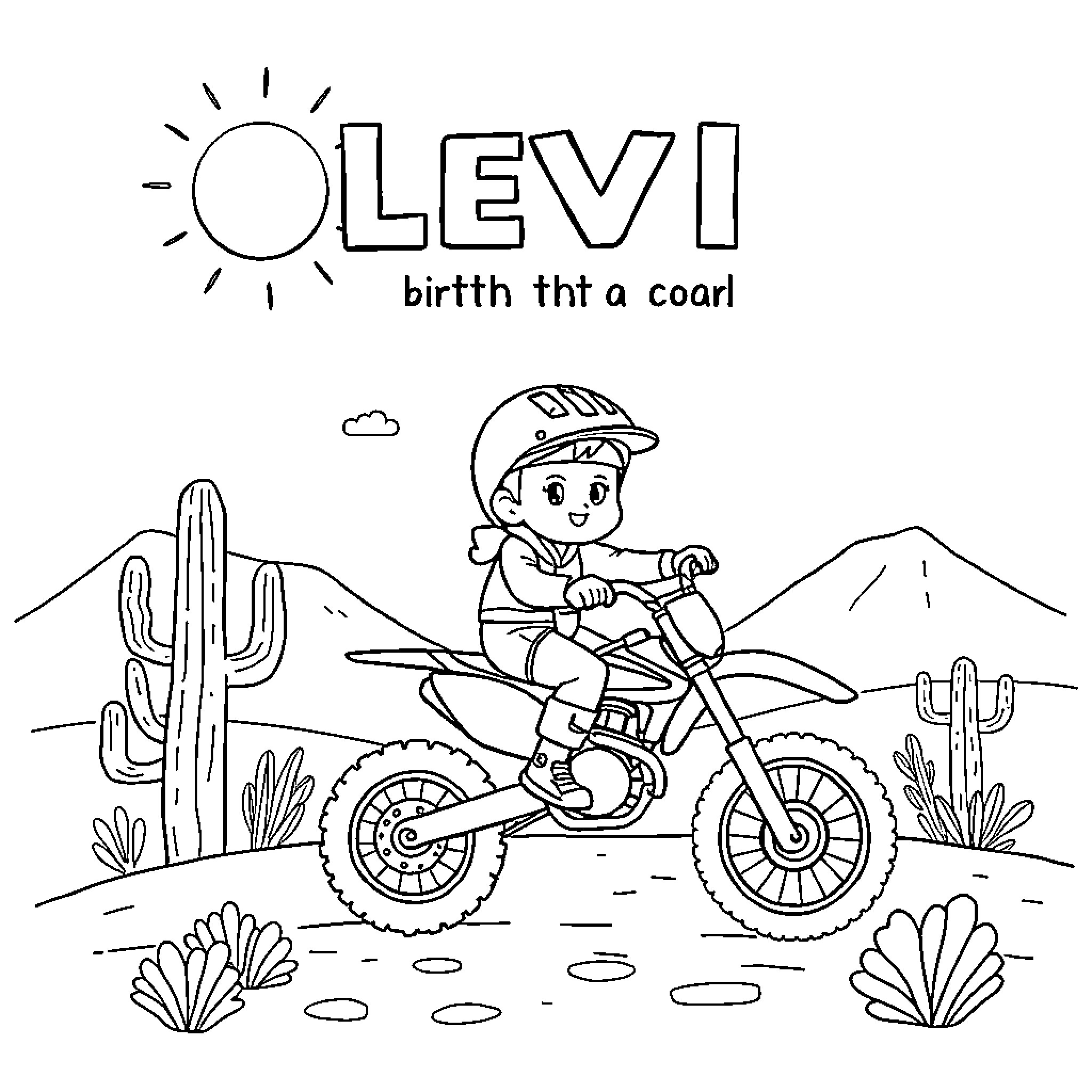 Dirtbike riding through desert landscape Coloring Page (free black-and-white line drawing printable PDF for all, from beginners to advanced learners, including children, teens, adults, and seniors)