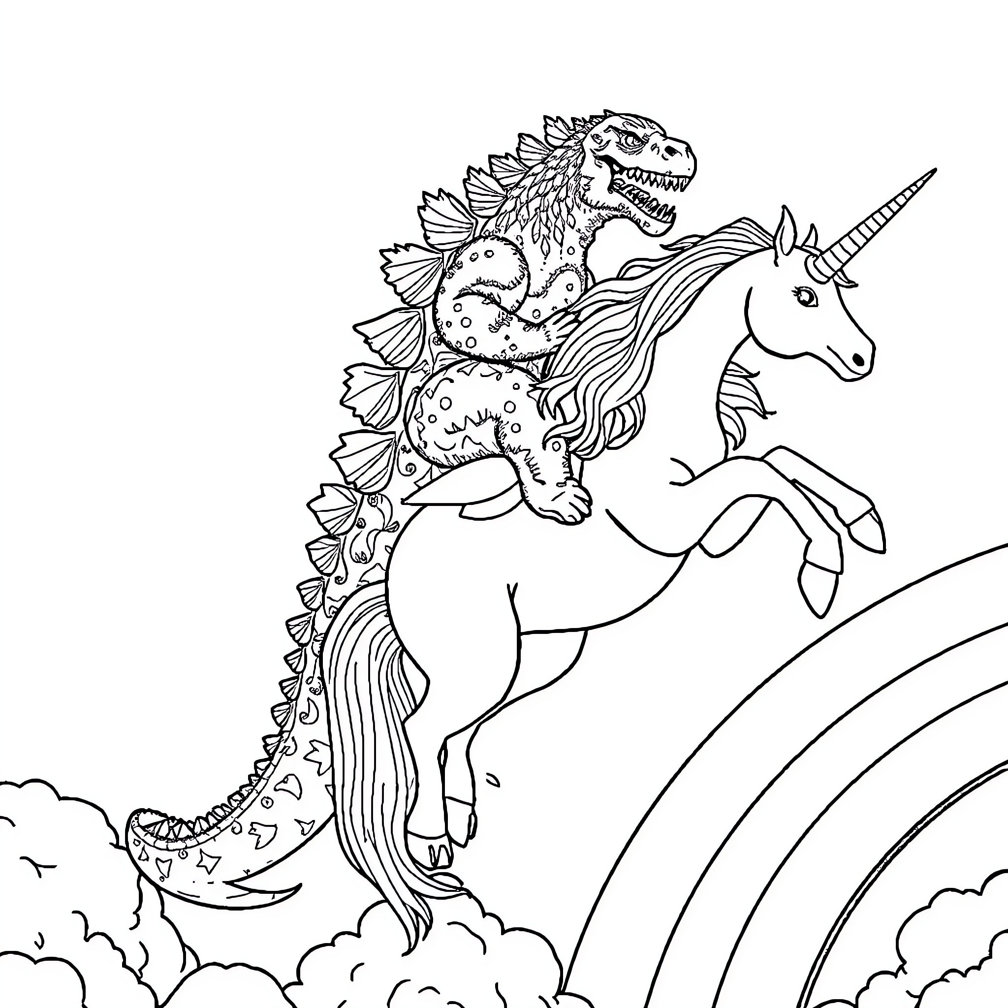 Godzilla riding a unicorn through the clouds Coloring Page (free black-and-white line drawing printable PDF for all, from beginners to advanced learners, including children, teens, adults, and seniors)