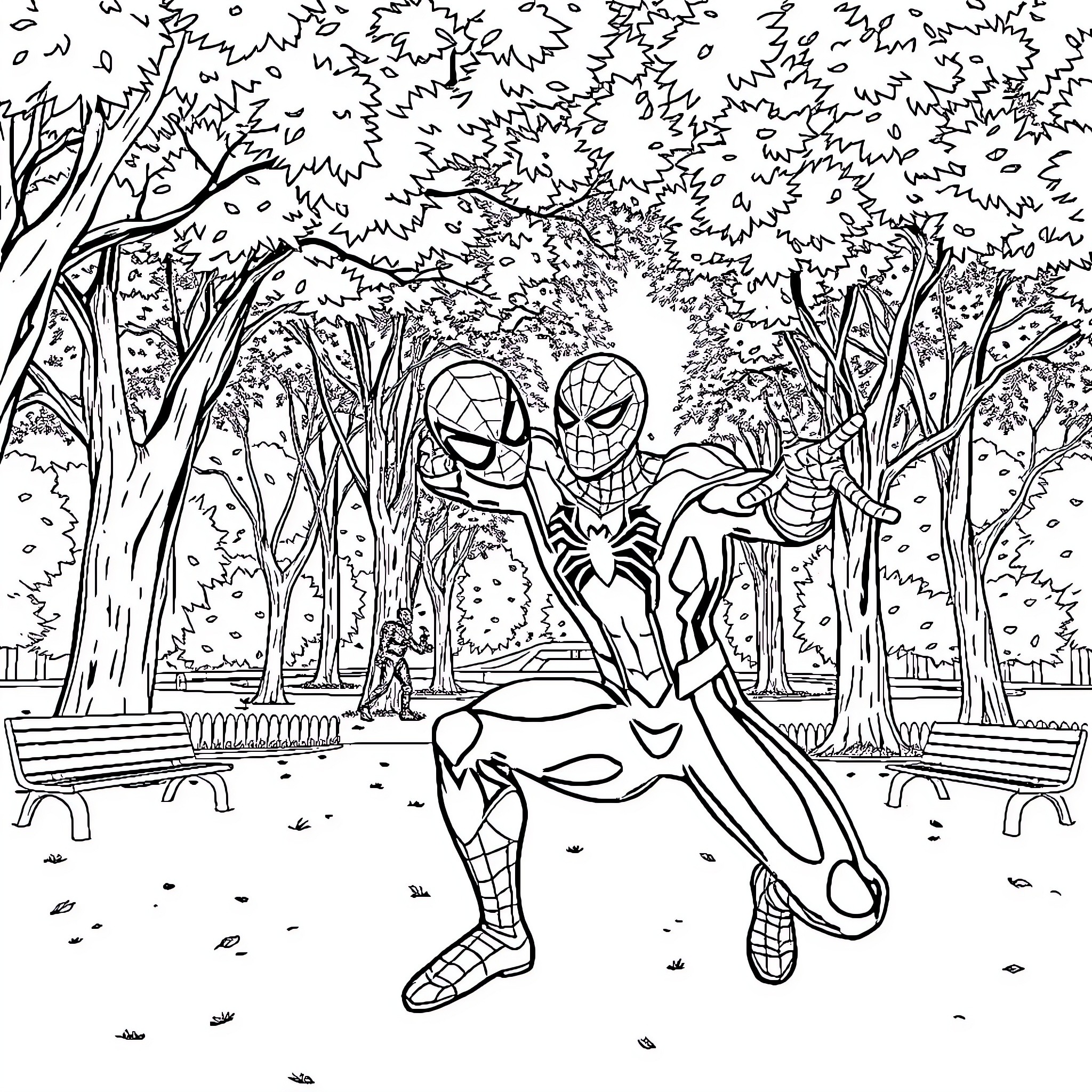 Spiderman heroically poses in the park Coloring Page (free black-and-white line drawing printable PDF for all, from beginners to advanced learners, including children, teens, adults, and seniors)