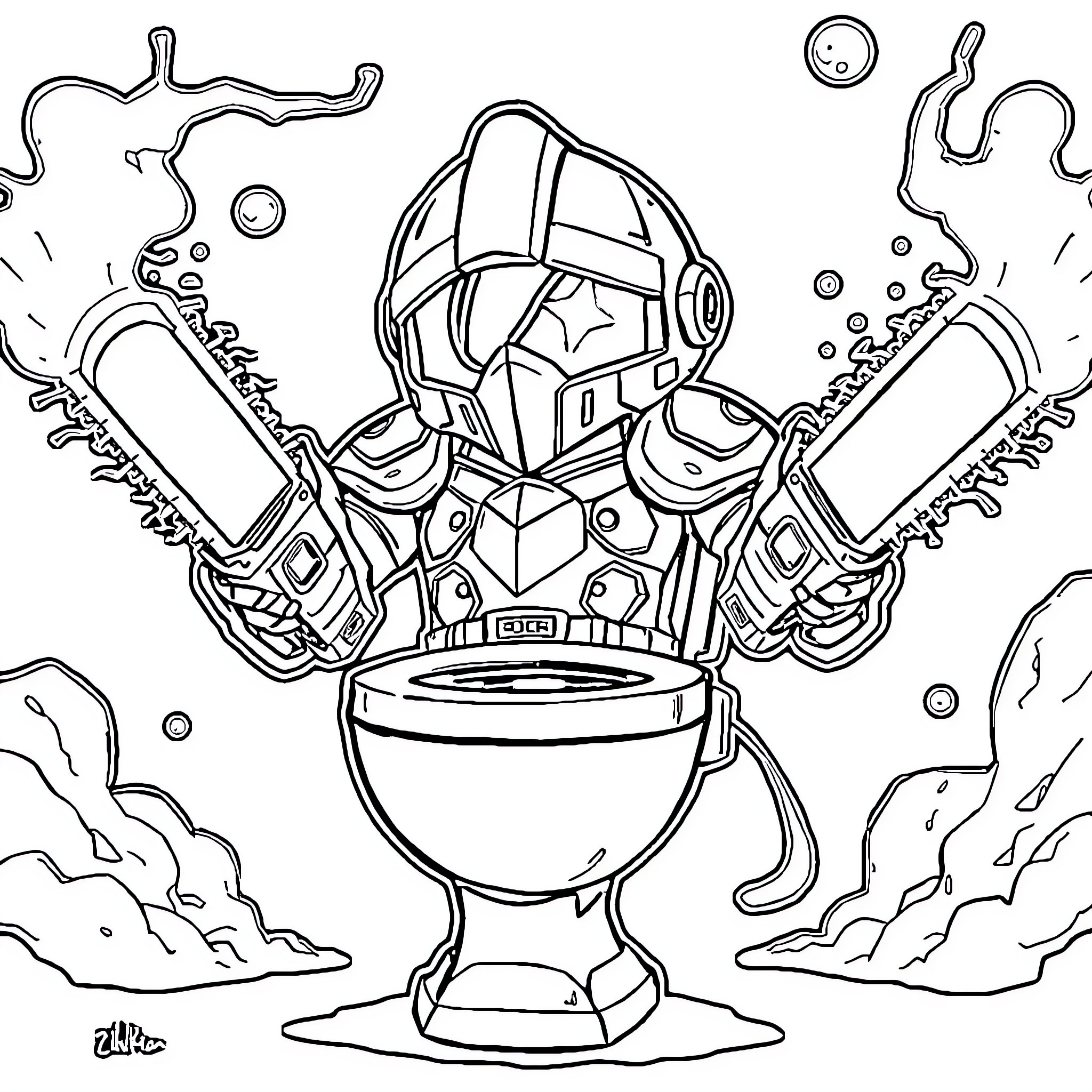 Skibidi Toilet: Robotic Warrior Unleashes Chaos in the Bathroom Coloring Page (free black-and-white line drawing printable PDF for all, from beginners to advanced learners, including children, teens, adults, and seniors)