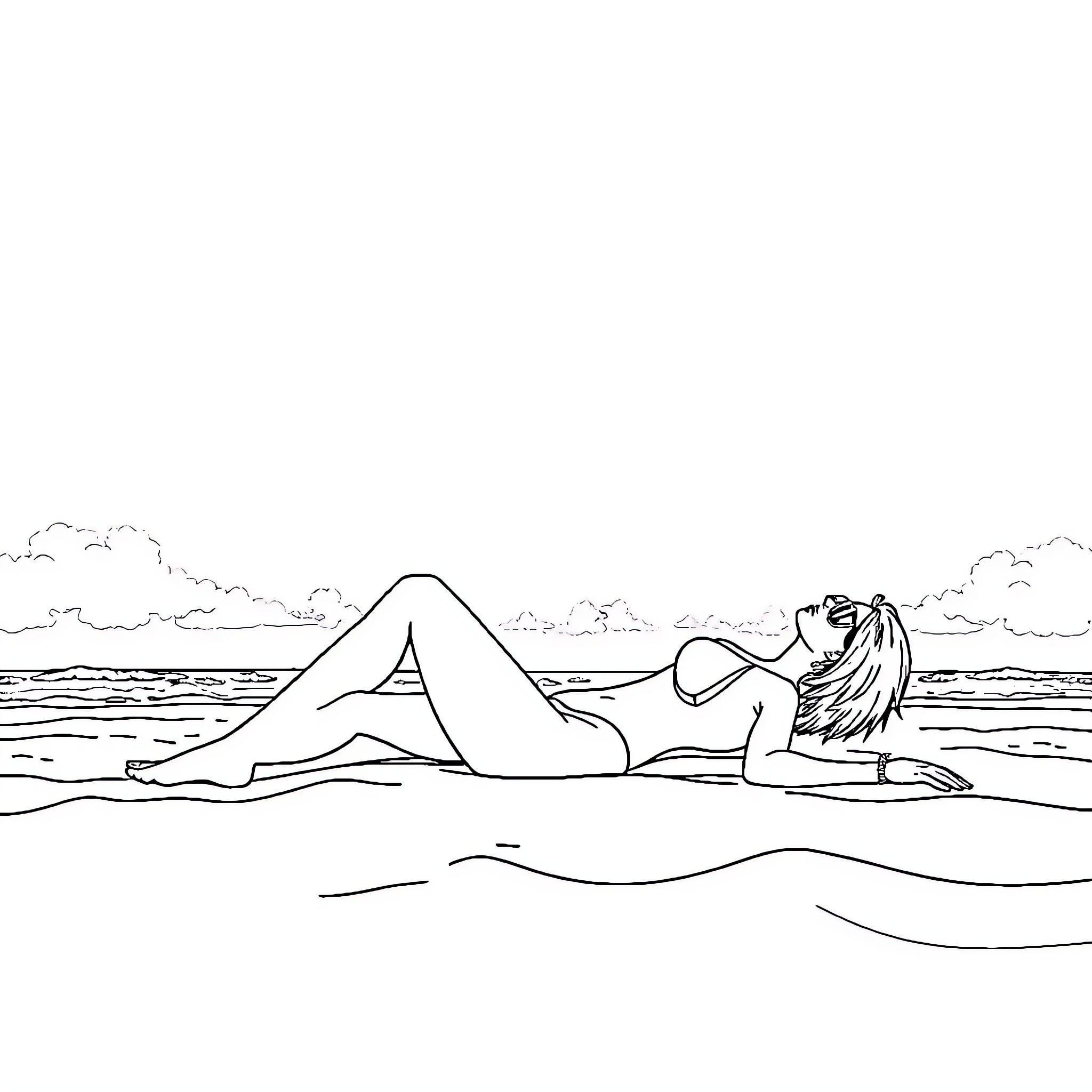 Woman relaxing on the beach Coloring Page (free black-and-white line drawing printable PDF for all, from beginners to advanced learners, including children, teens, adults, and seniors)