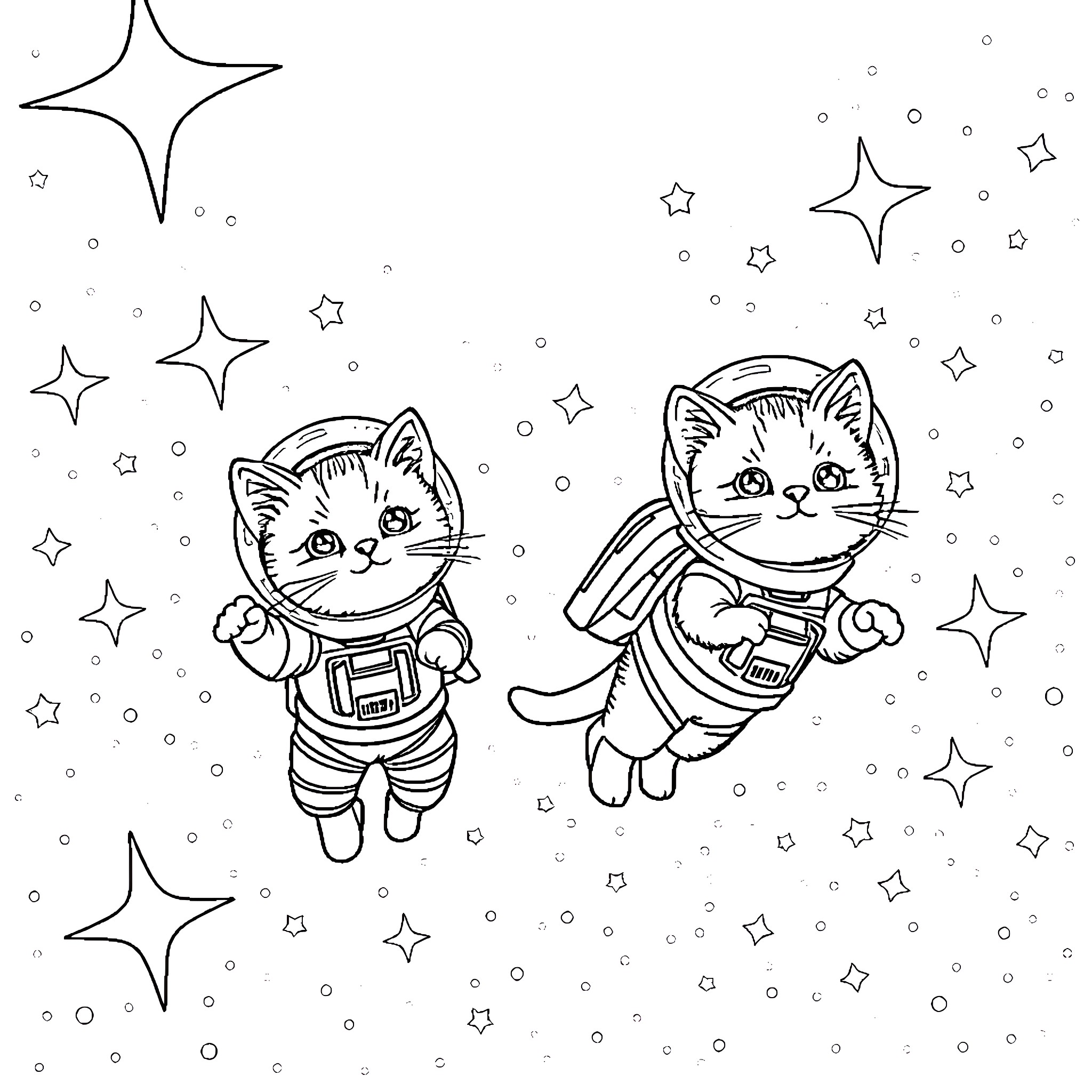 Superkitty cats exploring the starry cosmos Coloring Page (free black-and-white line drawing printable PDF for all, from beginners to advanced learners, including children, teens, adults, and seniors)