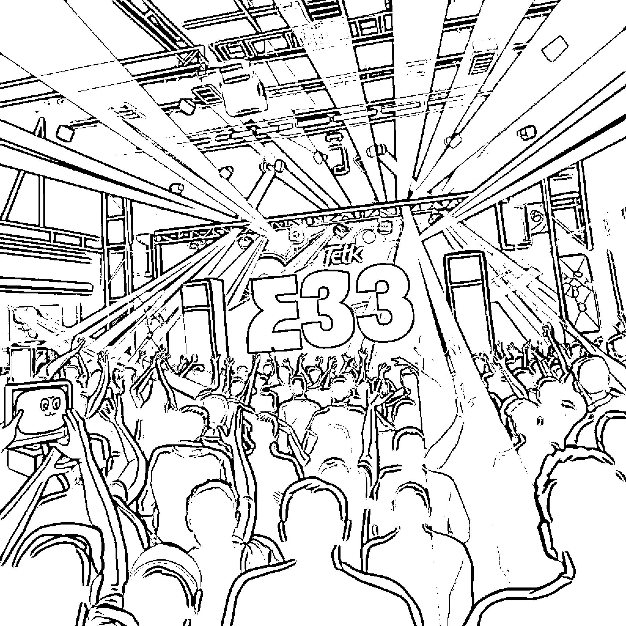 Tekno 23: Crowd in a high-energy event Coloring Page (free black-and-white line drawing printable PDF for all, from beginners to advanced learners, including children, teens, adults, and seniors)
