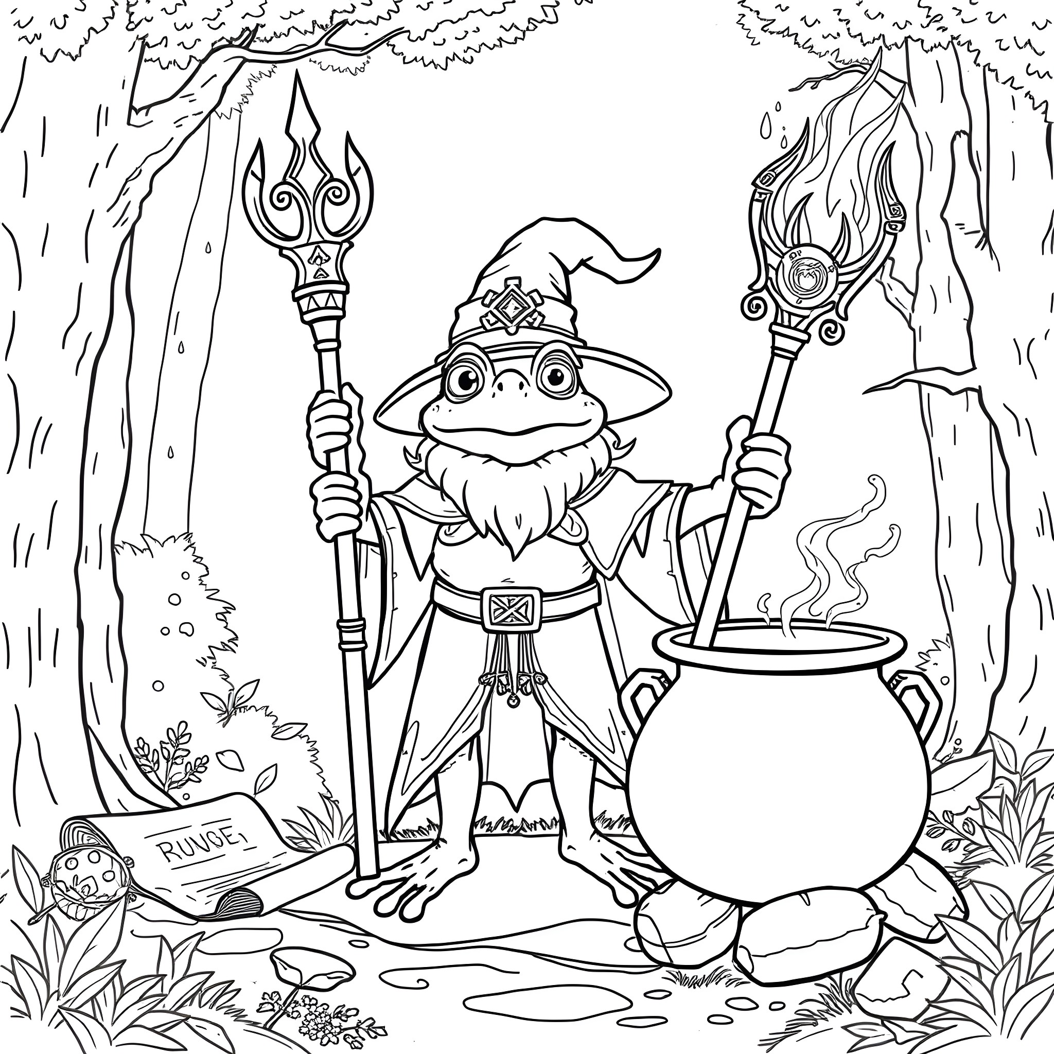 Frog wizard casting spells in the enchanted forest Coloring Page (free black-and-white line drawing printable PDF for all, from beginners to advanced learners, including children, teens, adults, and seniors)