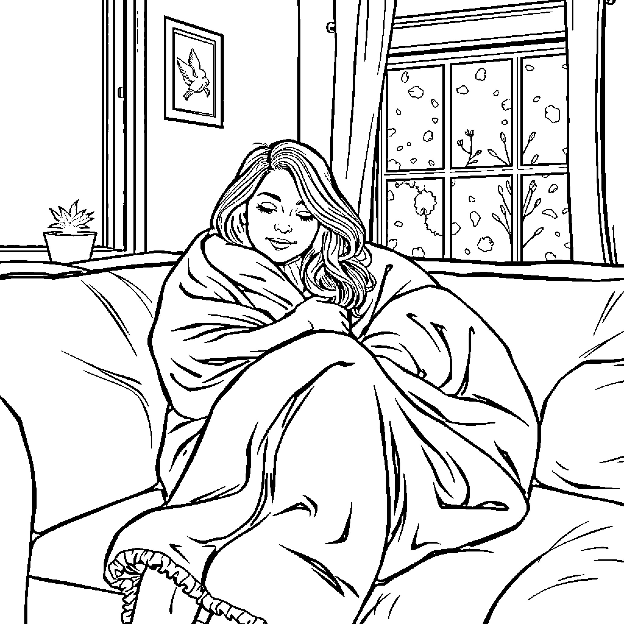 Lady relaxing comfortably on a cozy sofa Coloring Page (free black-and-white line drawing printable PDF for all, from beginners to advanced learners, including children, teens, adults, and seniors)