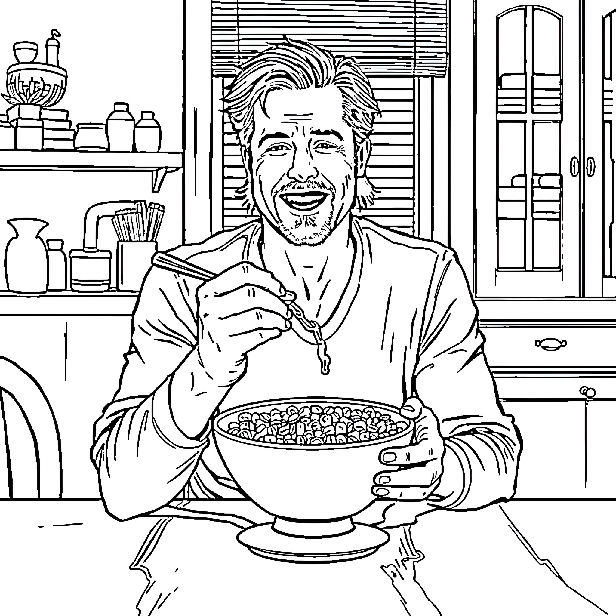 Michael Pitt enjoying a hearty meal in the kitchen Coloring Page (free black-and-white line drawing printable PDF for all, from beginners to advanced learners, including children, teens, adults, and seniors)