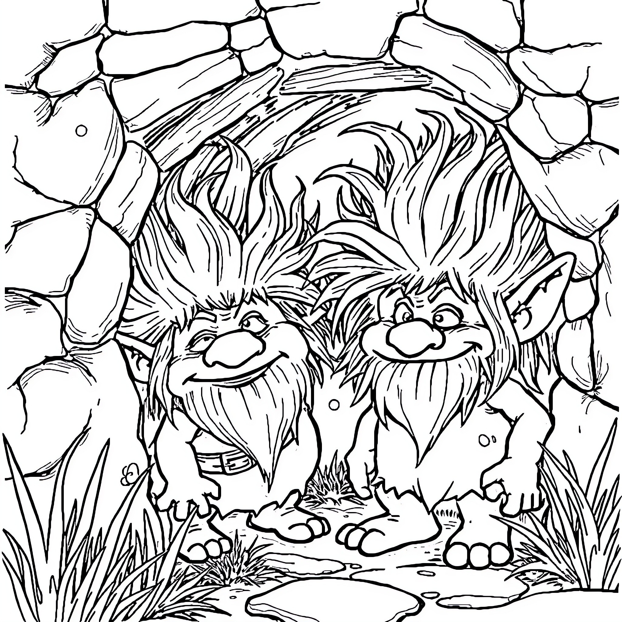 Troll mischievously peeking from behind rocks Coloring Page (free black-and-white line drawing printable PDF for all, from beginners to advanced learners, including children, teens, adults, and seniors)