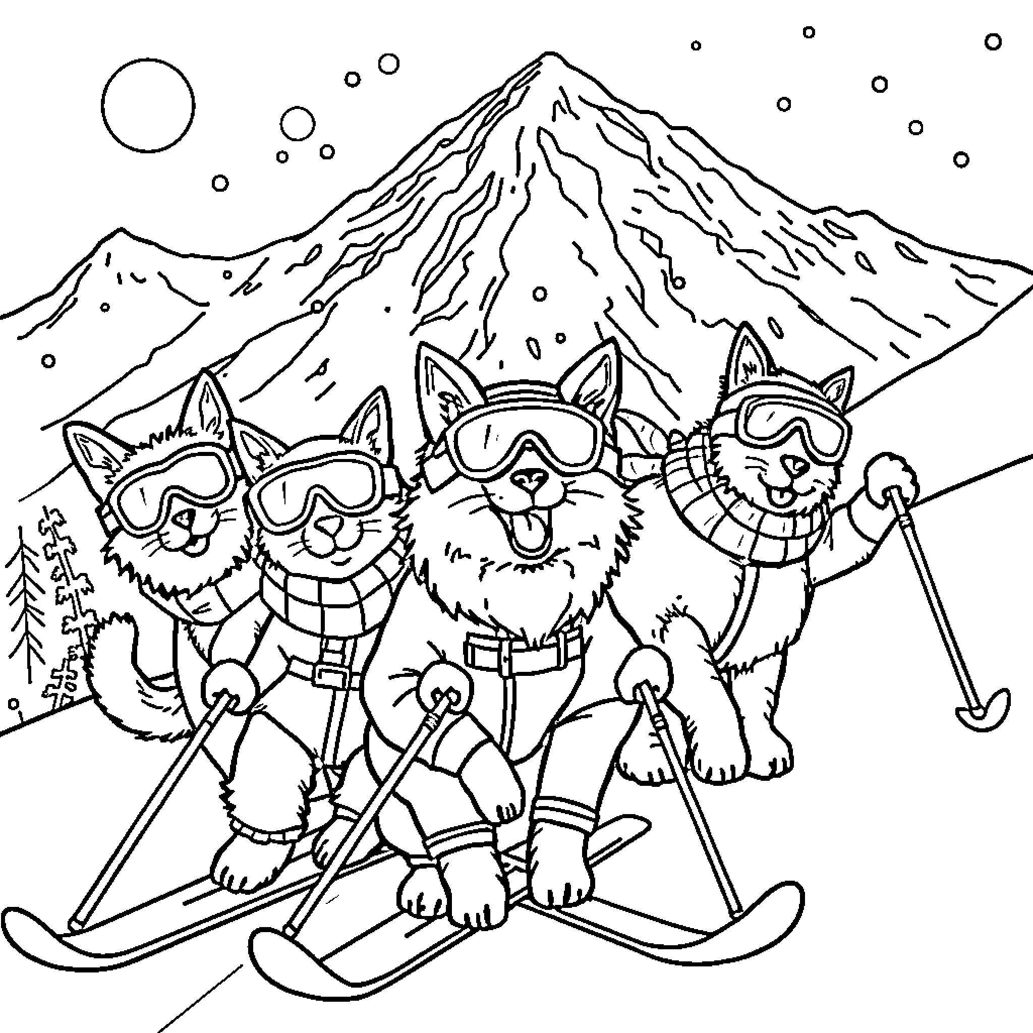 Cat and Dog Skiing in the Mountains Coloring Page (free black-and-white line drawing printable PDF for all, from beginners to advanced learners, including children, teens, adults, and seniors)