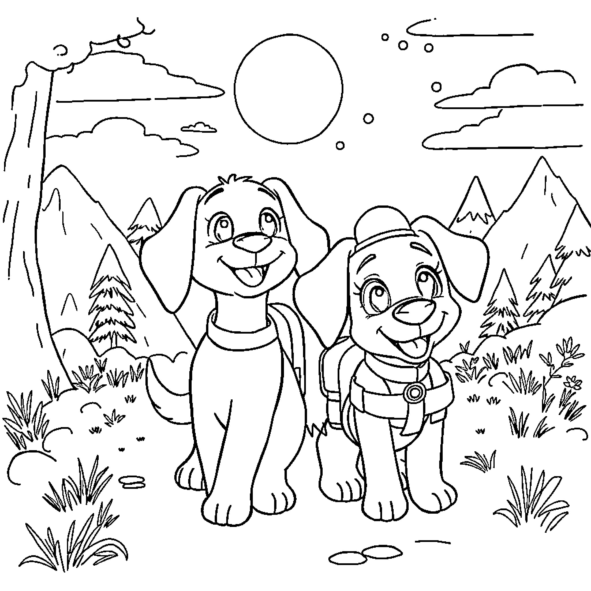 Riley's Adventure in the Wilderness Coloring Page (free black-and-white line drawing printable PDF for all, from beginners to advanced learners, including children, teens, adults, and seniors)