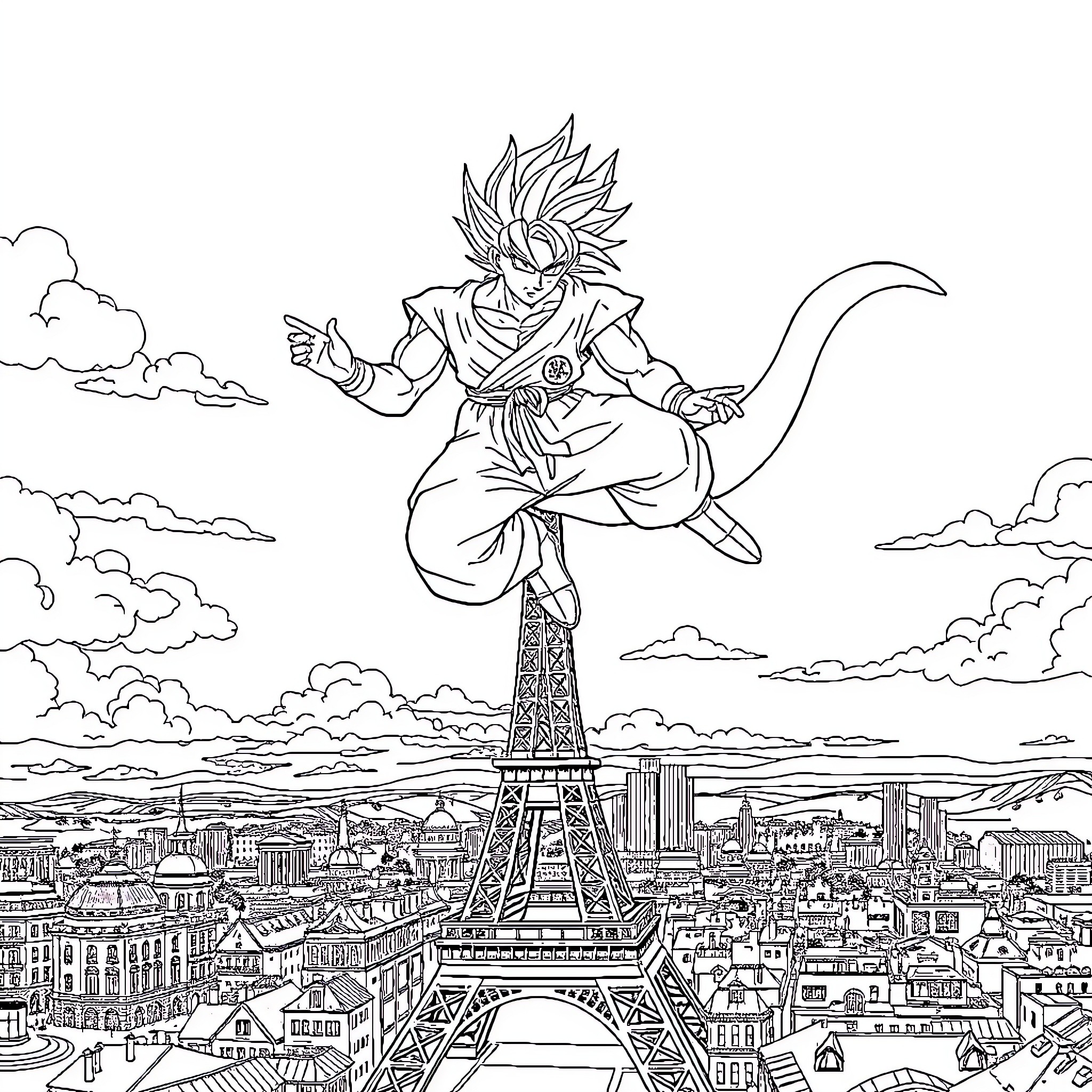 Sangoku warrior soaring over the city skyline Coloring Page (free black-and-white line drawing printable PDF for all, from beginners to advanced learners, including children, teens, adults, and seniors)