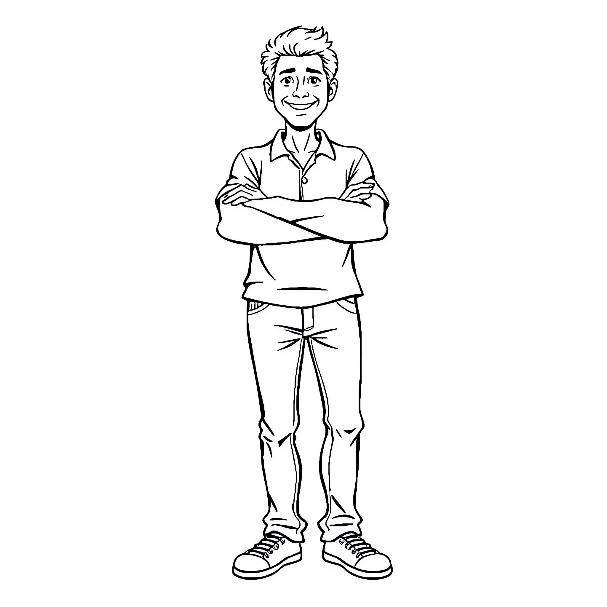 Adult smiling with arms crossed Coloring Page (free black-and-white line drawing printable PDF for all, from beginners to advanced learners, including children, teens, adults, and seniors)