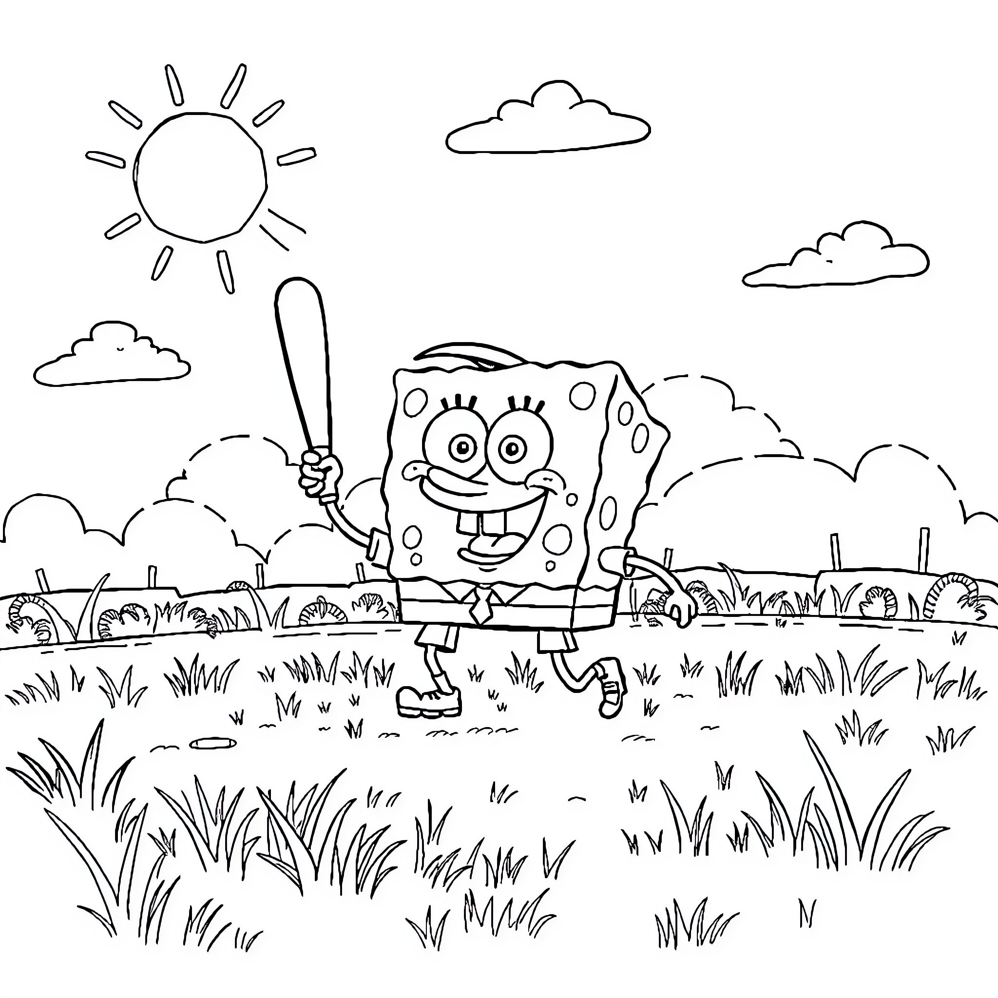 Spongebob enjoying the outdoors with a baseball bat Coloring Page (free black-and-white line drawing printable PDF for all, from beginners to advanced learners, including children, teens, adults, and seniors)