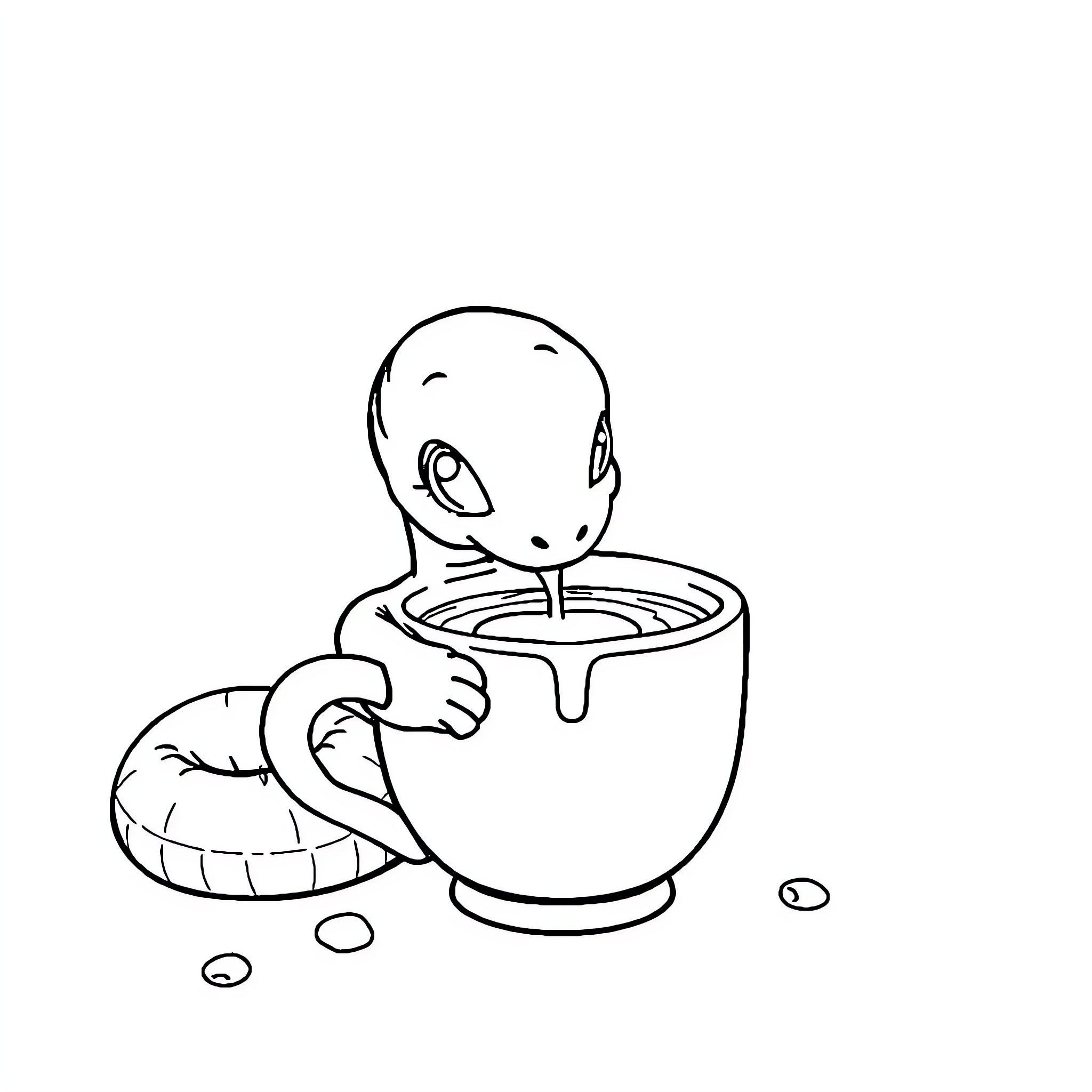 Snake relaxing in a warm cup of tea Coloring Page (free black-and-white line drawing printable PDF for all, from beginners to advanced learners, including children, teens, adults, and seniors)