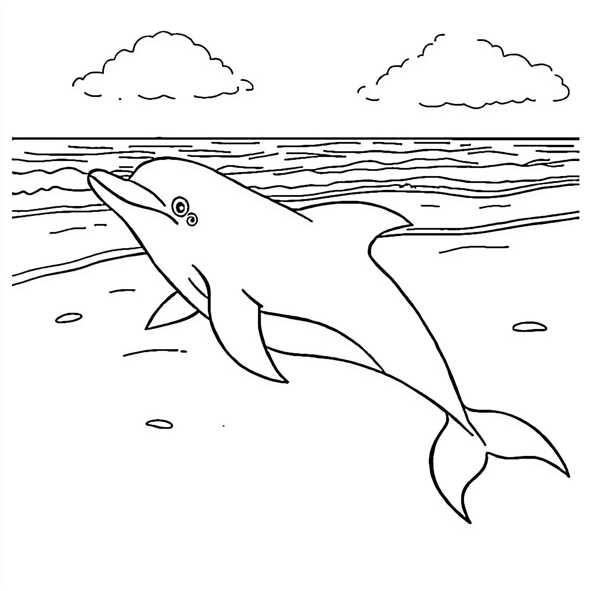 Dolphin swimming in the ocean Coloring Page (free black-and-white line drawing printable PDF for all, from beginners to advanced learners, including children, teens, adults, and seniors)