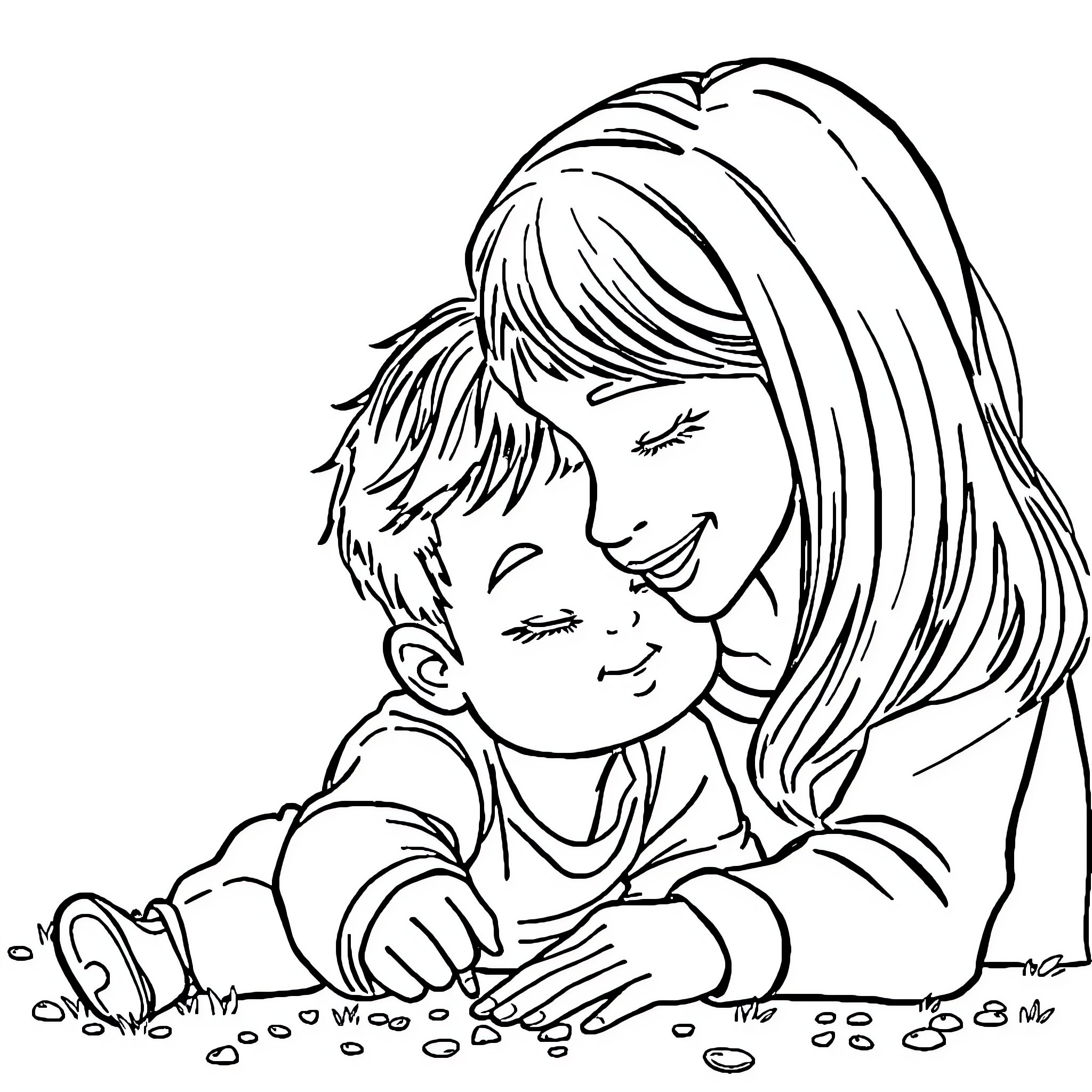 Mama and child playing happily together Coloring Page (free black-and-white line drawing printable PDF for all, from beginners to advanced learners, including children, teens, adults, and seniors)
