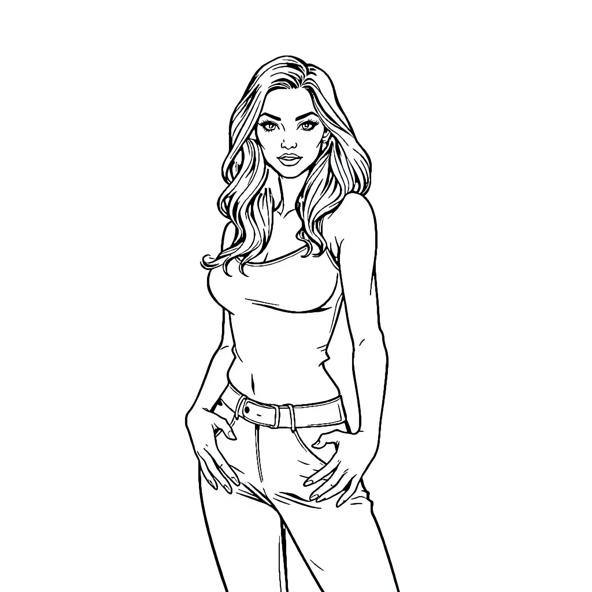 Woman with long wavy hair in casual outfit Coloring Page (free black-and-white line drawing printable PDF for all, from beginners to advanced learners, including children, teens, adults, and seniors)