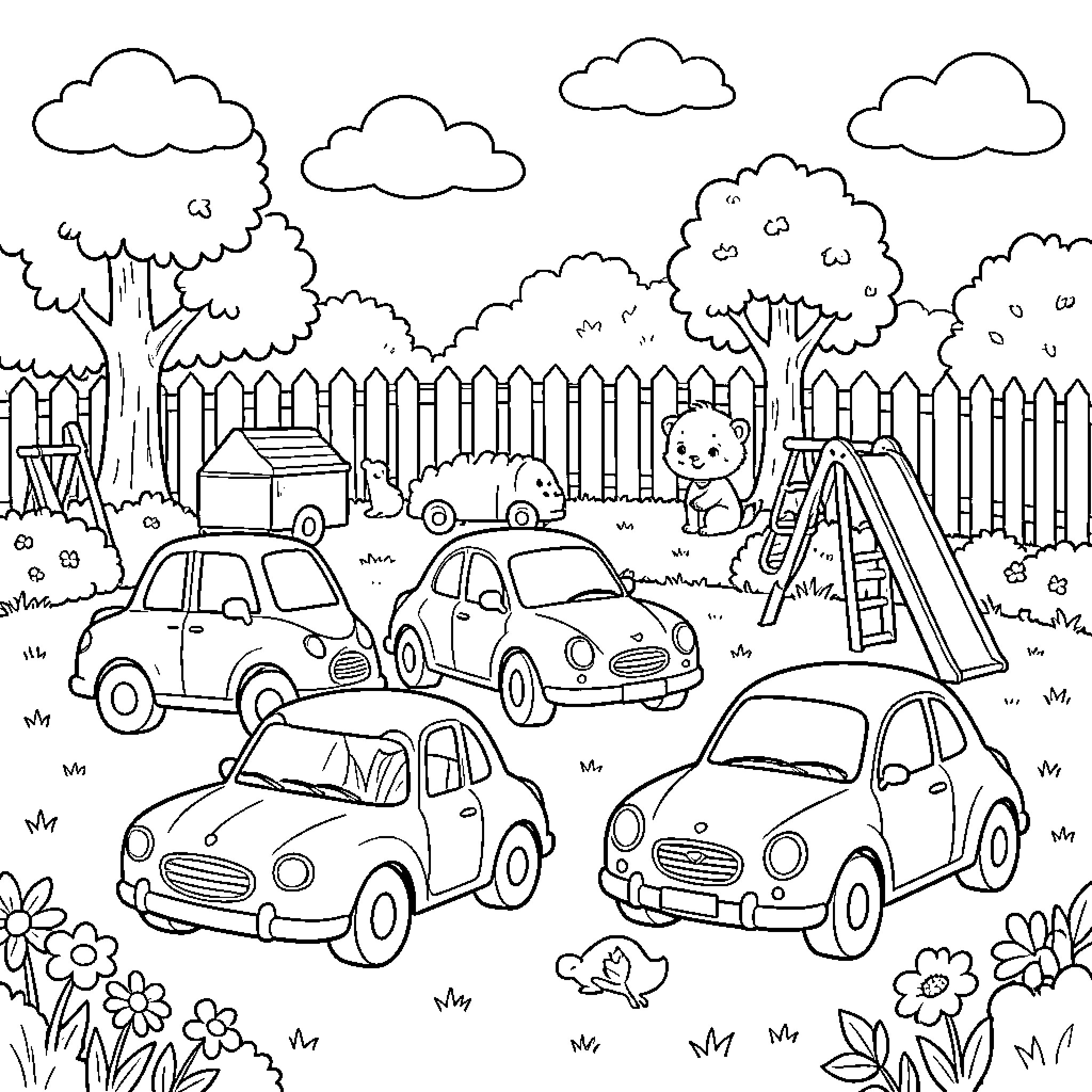 Car parked in a garden with cute animals Coloring Page (free black-and-white line drawing printable PDF for all, from beginners to advanced learners, including children, teens, adults, and seniors)