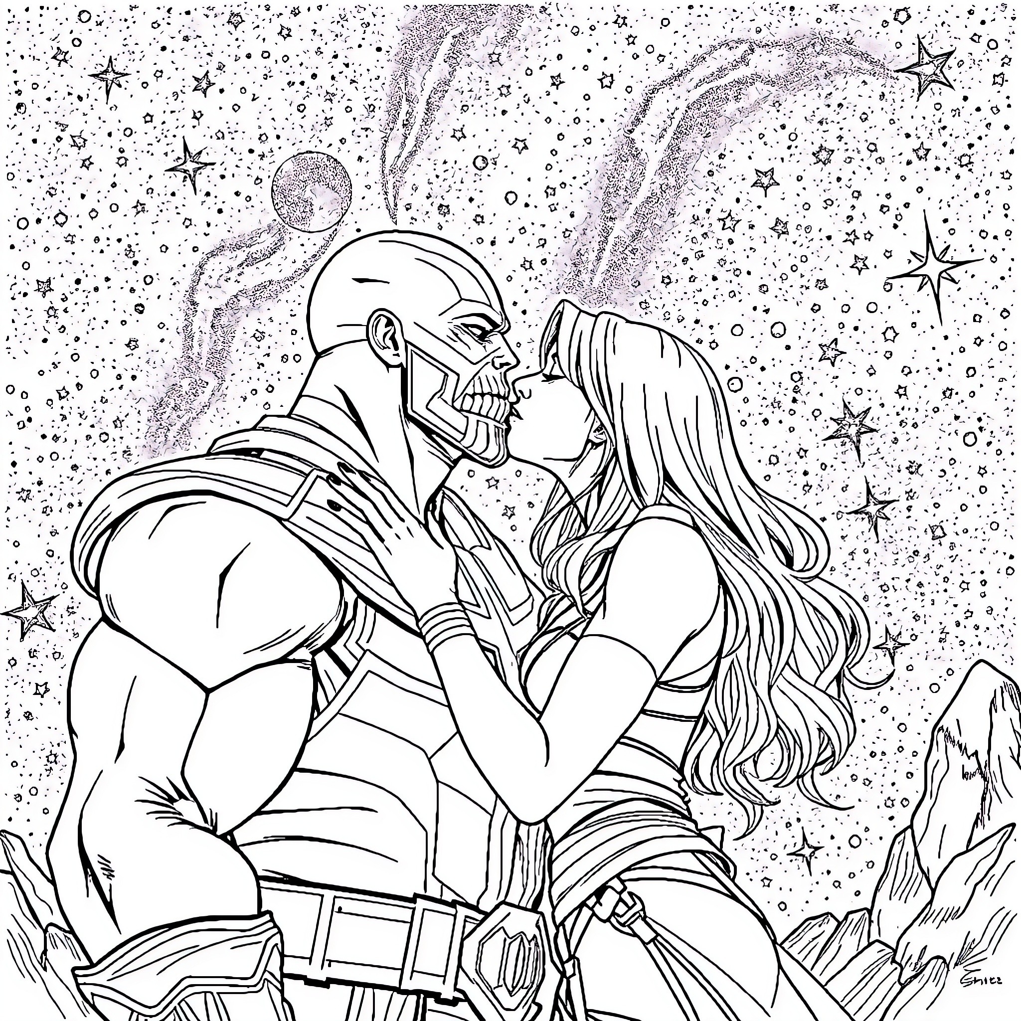 Thanos embracing a loved one in the cosmos Coloring Page (free black-and-white line drawing printable PDF for all, from beginners to advanced learners, including children, teens, adults, and seniors)