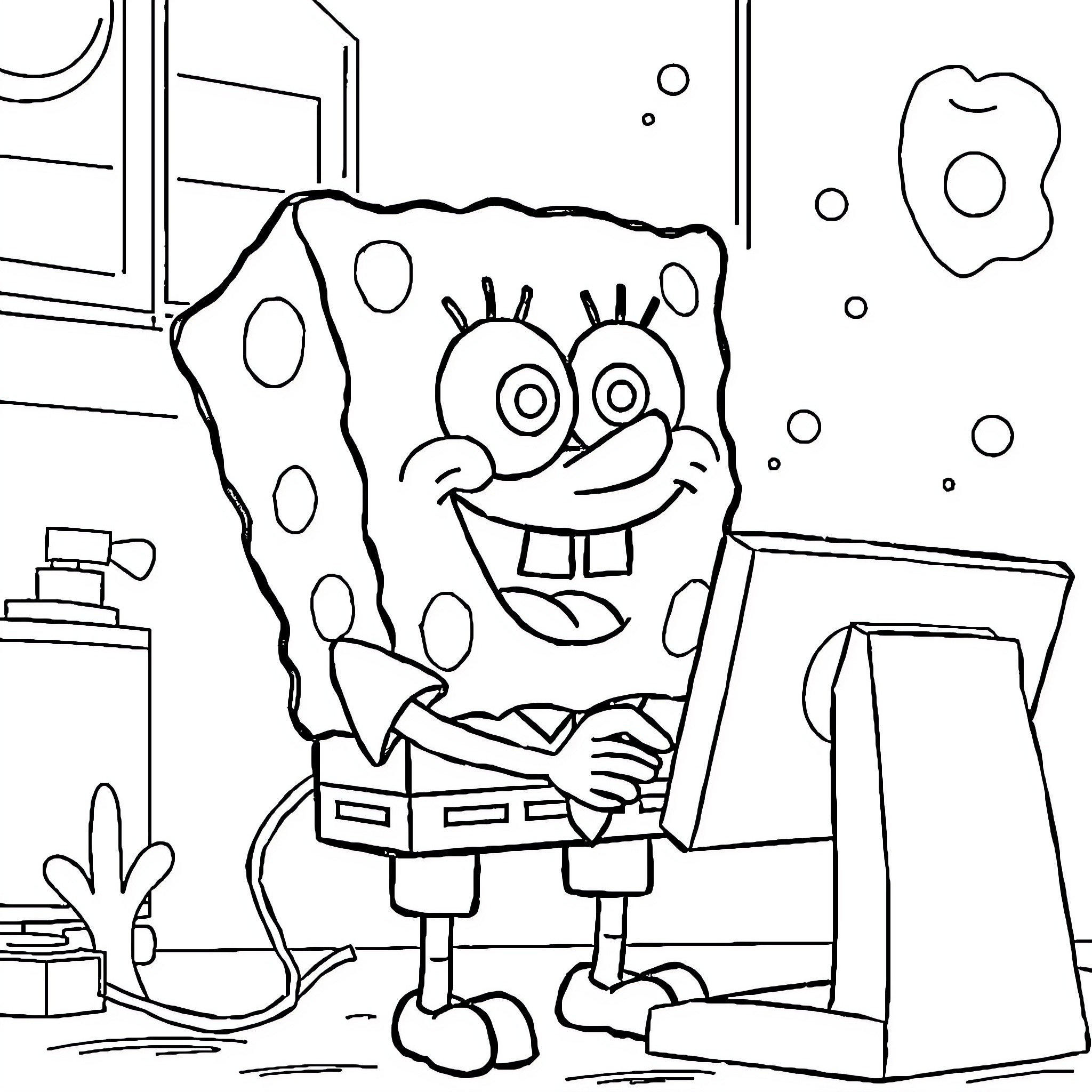 Spongebob Working Diligently at His Desk Coloring Page (free black-and-white line drawing printable PDF for all, from beginners to advanced learners, including children, teens, adults, and seniors)