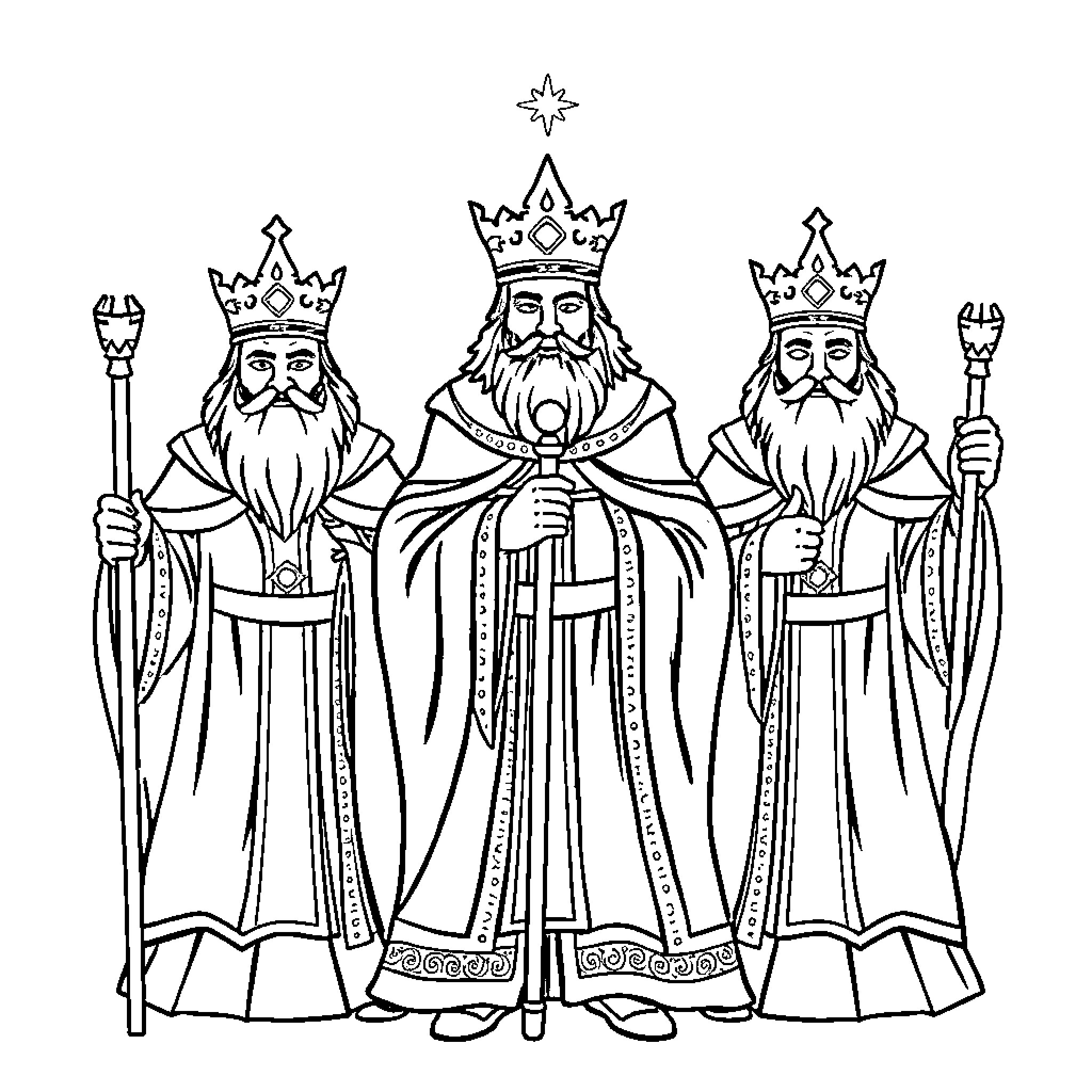 King's Coronation Ceremony with Robed Figures Coloring Page (free black-and-white line drawing printable PDF for all, from beginners to advanced learners, including children, teens, adults, and seniors)